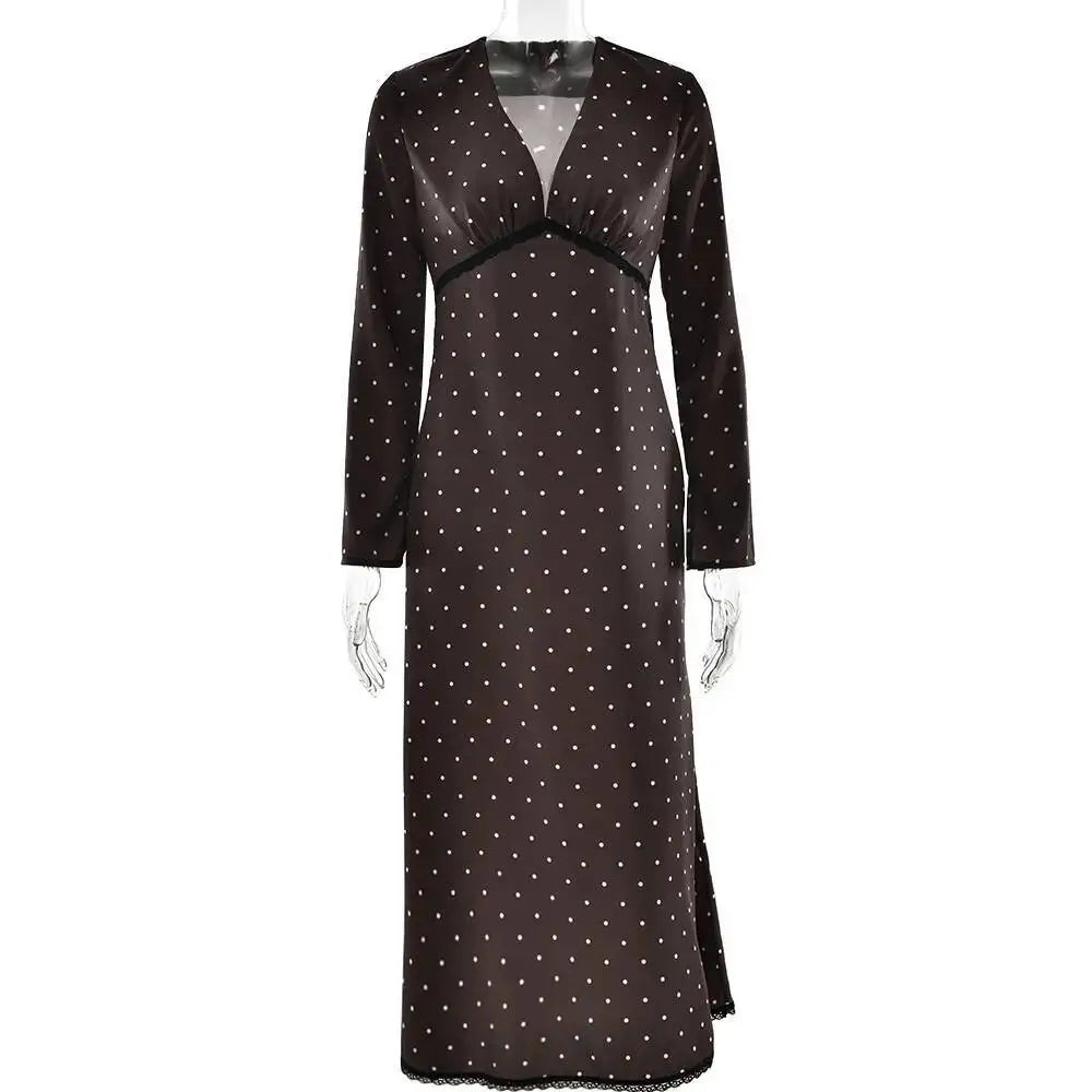 Polka Dot Long Sleeve Patchwork Lace Maxi Dress