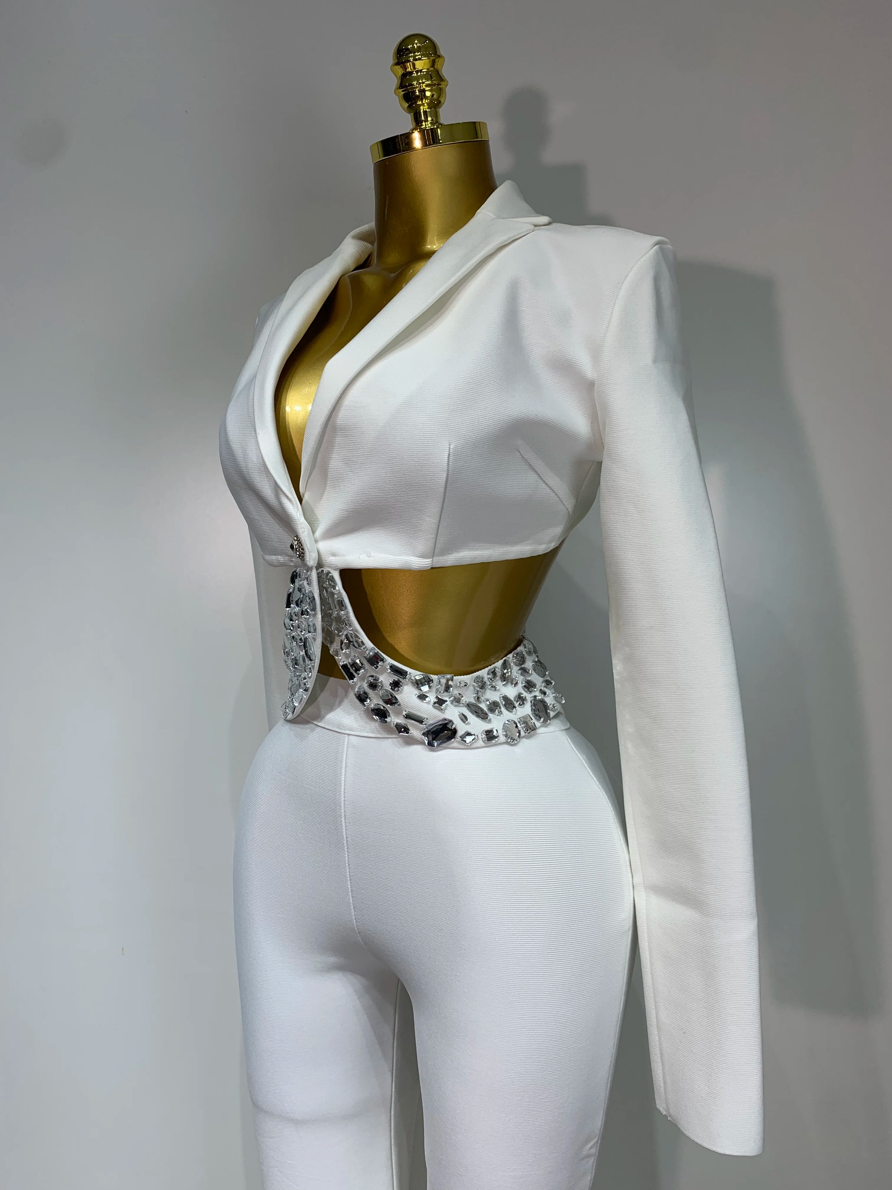 Luxury Two Piece Set Long Sleeve Beading Bodycon Top And Bandage Pants Set