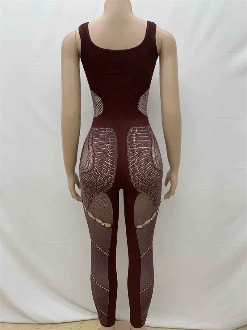 Hollow Out Rhinestones Patchwork Jumpsuit
