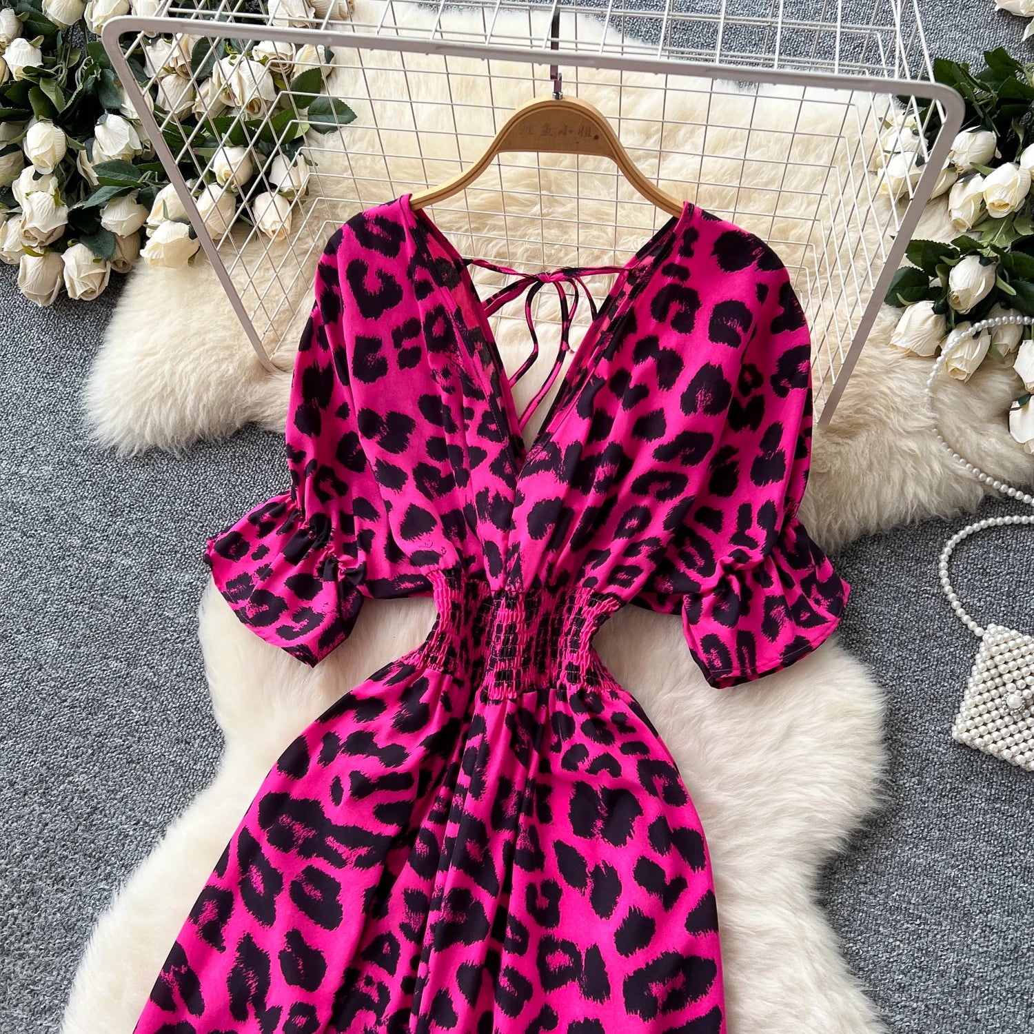 Flared Sleeves Elastic Waist Slim Fit Leopard Print Long Rompers Jumpsuit