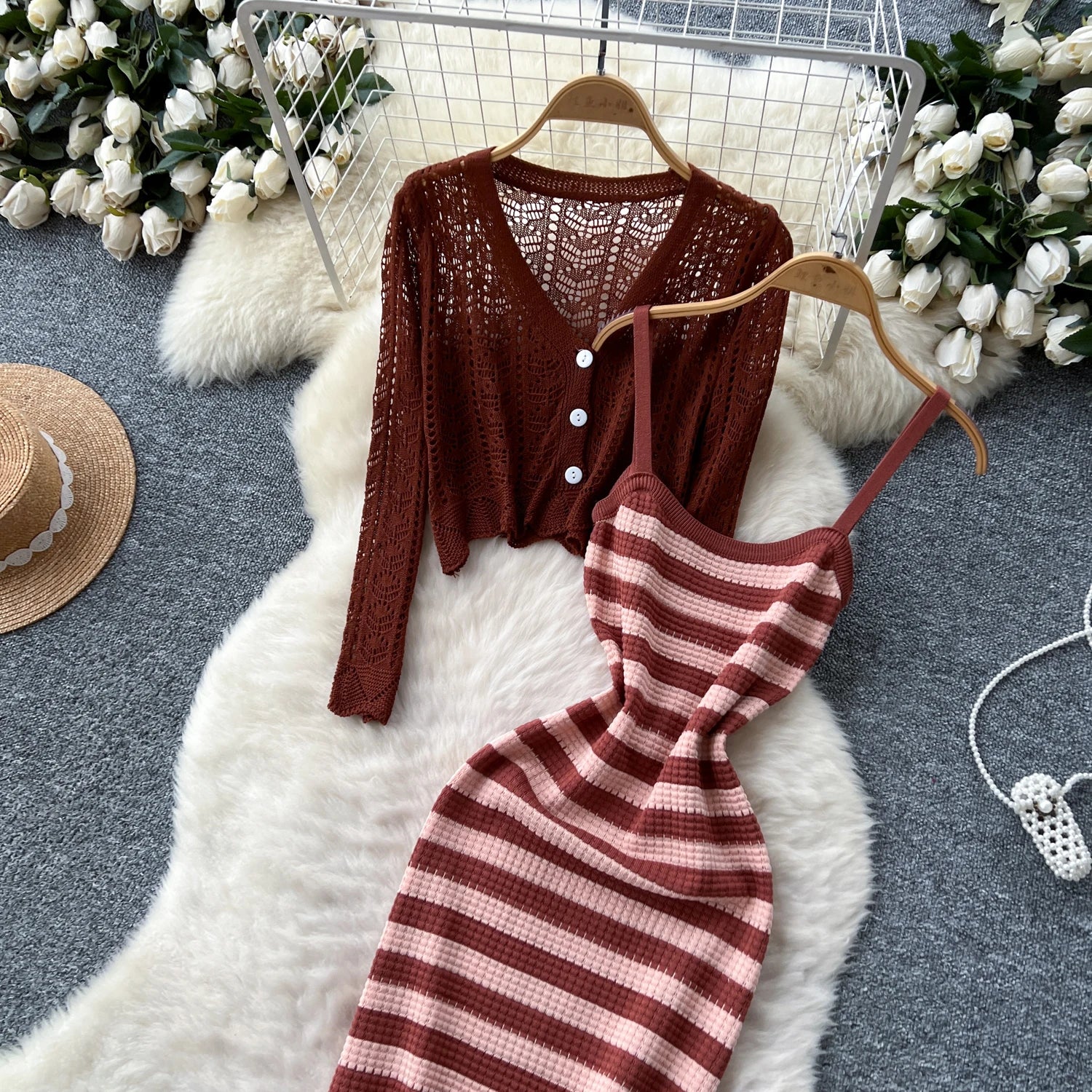 Two piece set Hook flower hollow striped Two Piece Set
