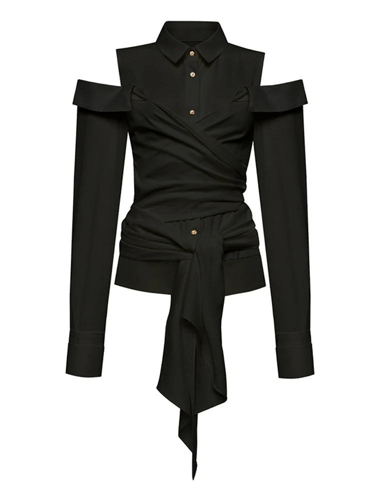 Off Shoulder Bandage Elegant Slim Lapel Long Sleeve Blouse