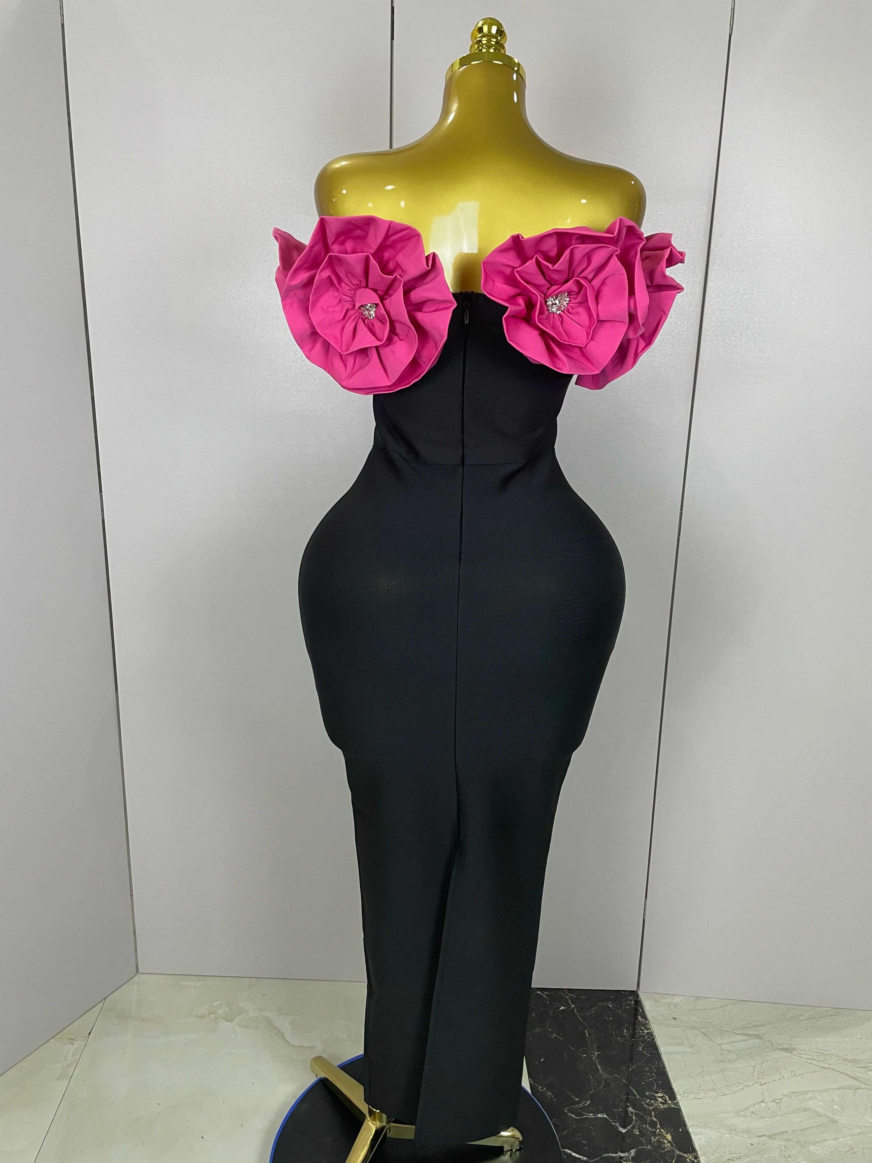Stereoscopic Flowers Off The Shoulder Ankle Length Bandage Dress