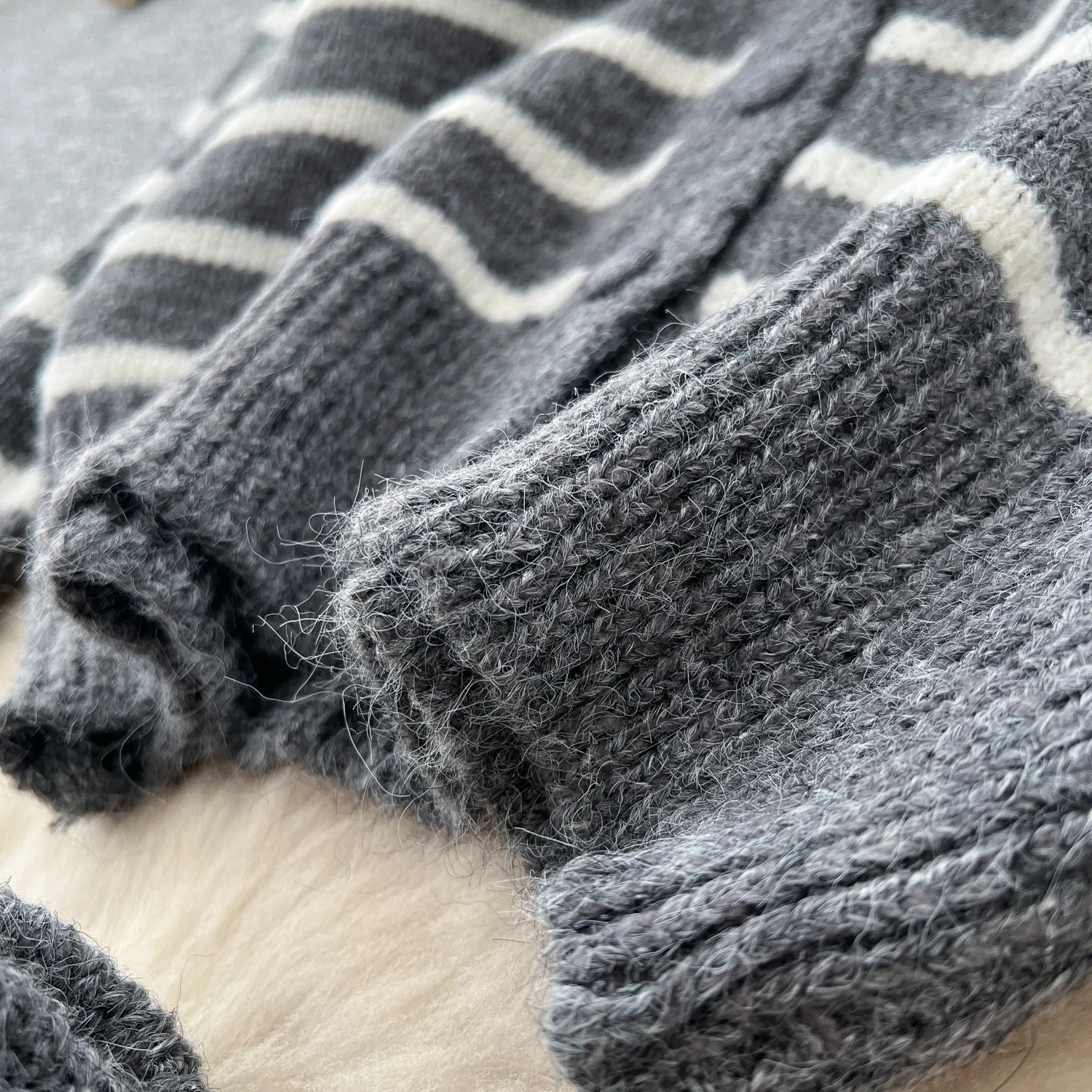 Striped Sweater Loose Cardigan+Elastic Long Skirts Knitted Two Piece Set