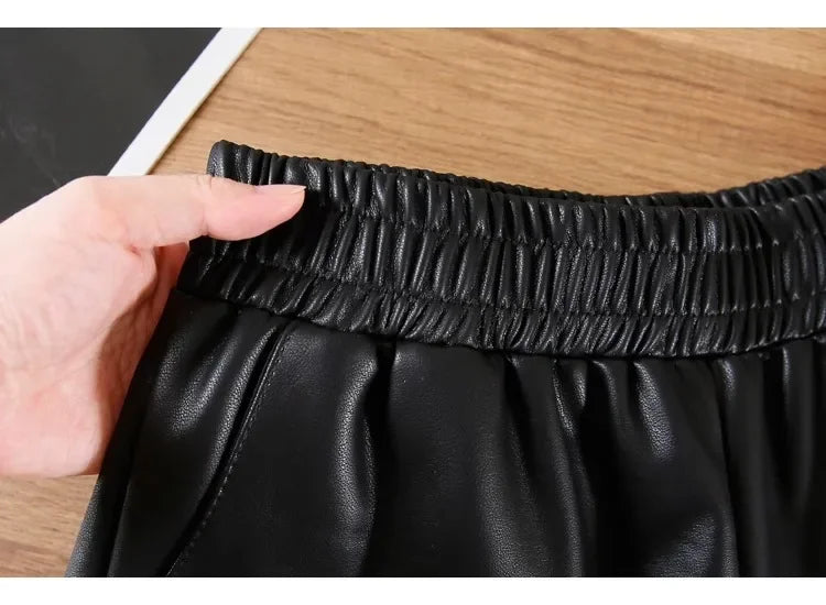 Casual High-waist Loose-fit Leather Shorts