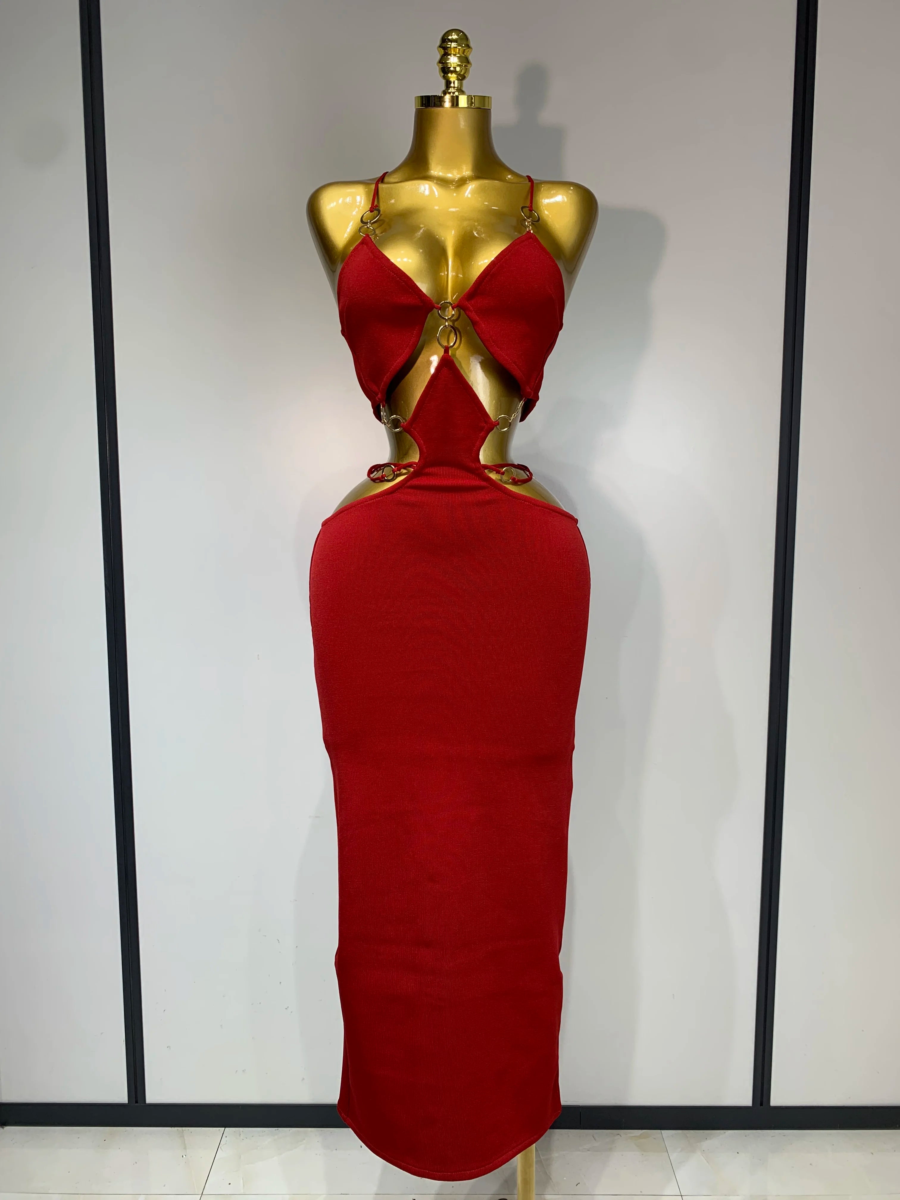 Sleeveless Halter Hollow Out Bodycon Long Bandage Dress