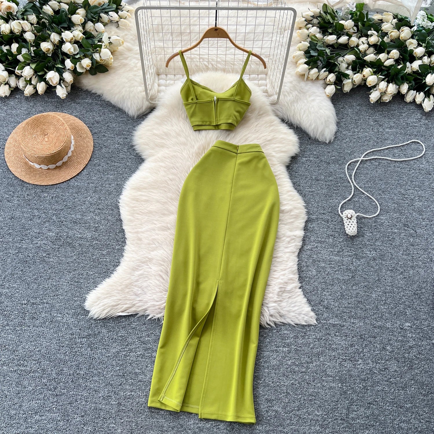 S3D Floral Strap Mini Tank Top+Split Bodycon Long Skirts Two Piece Set