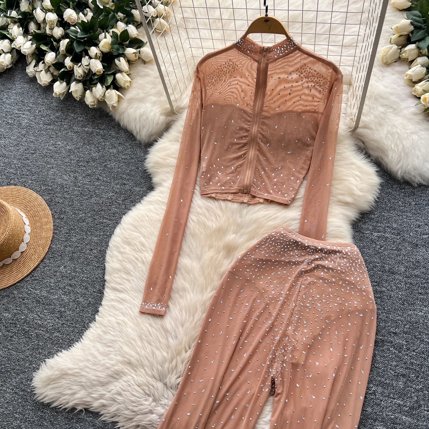 See Through Mesh Rhinestone Chic Two-piece Sets