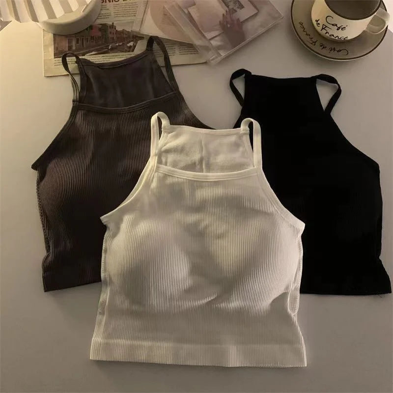 Tank Tops Thread Solid Casual Crop Top with Chest Pad Stripe Sleeveless Outer Wear Basic Camisole