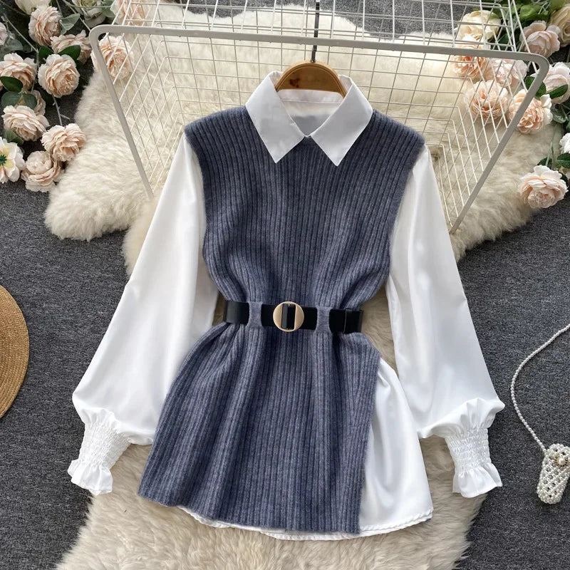 Luxury Style Loose-fit Long Sleeve White Shirt Side Slit Knit Vest 2-piece Set