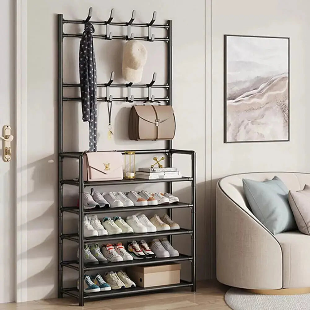 1pcs 5-Tier Shoe Storage Clothes Rack, 8 Hooks & Easy Assembly - Space-Saving Organizer for Hallway, Bedroom, Office