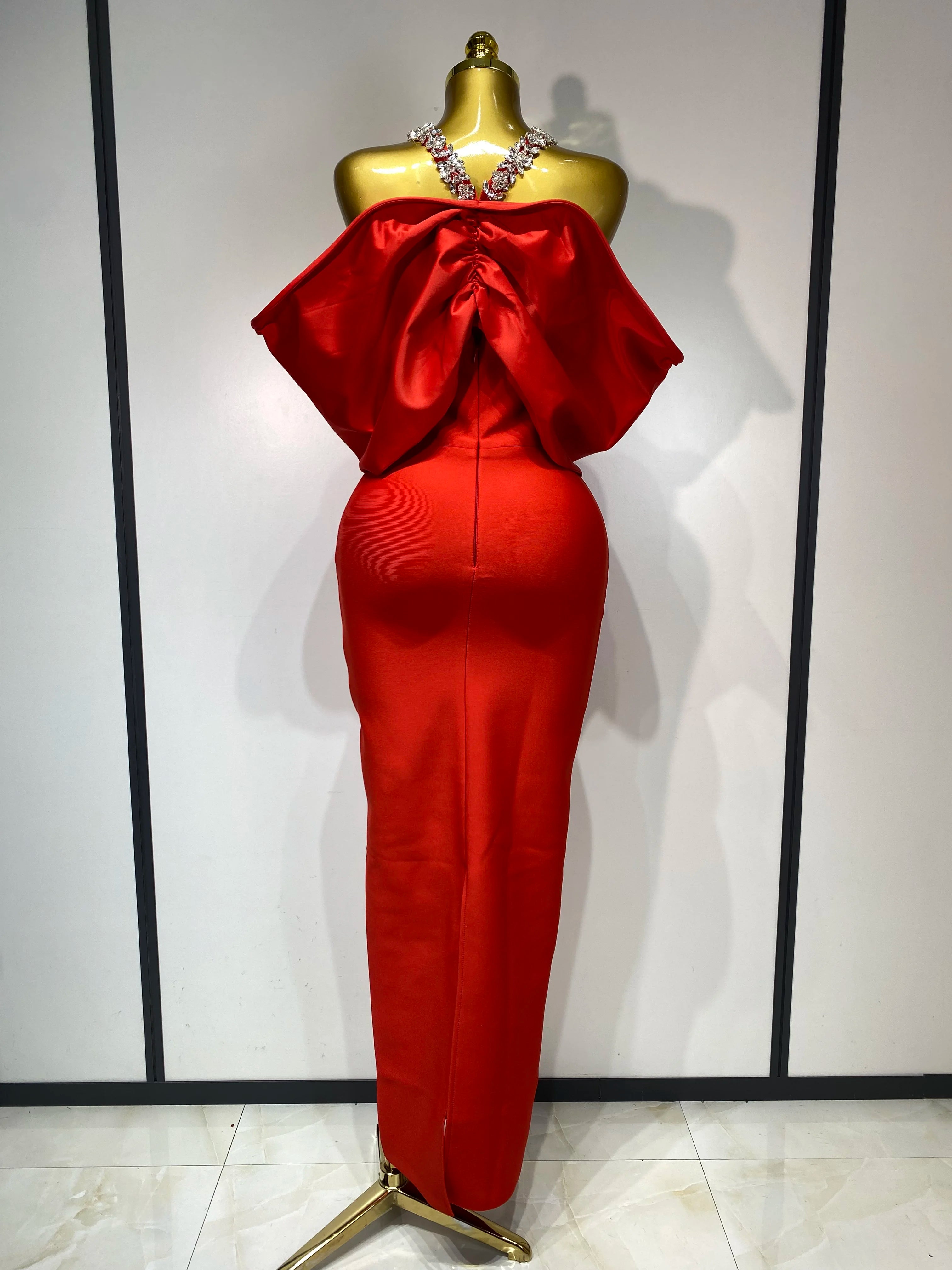 Luxury Halter Off the Shoulder Crystal Bodycon Long Bandage Dress