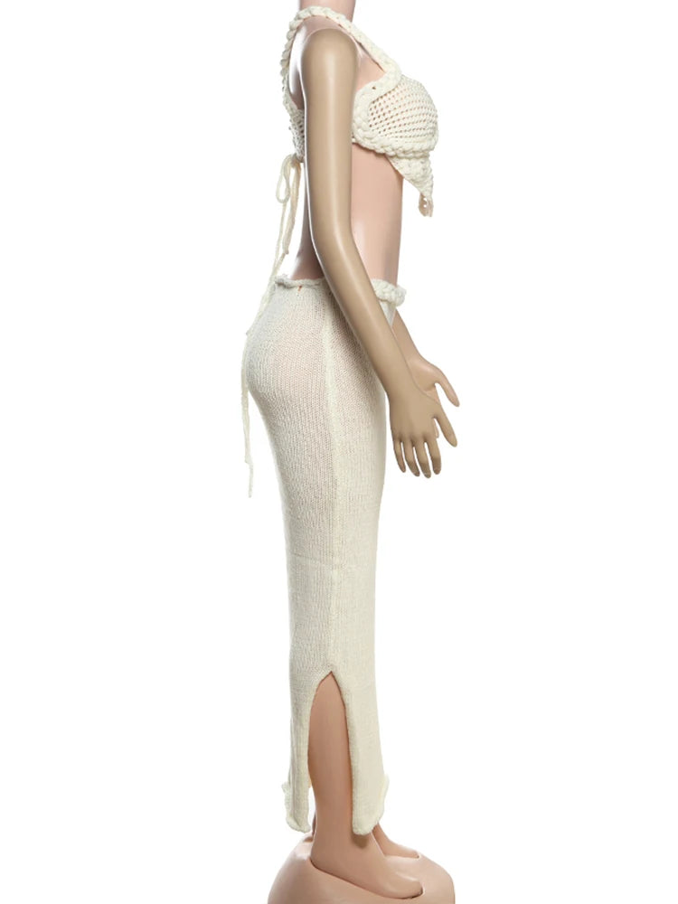 Crochet Shirring  Cross Bandage Backless Irregular Tops+Solid Long Skirts 2 Piece Set