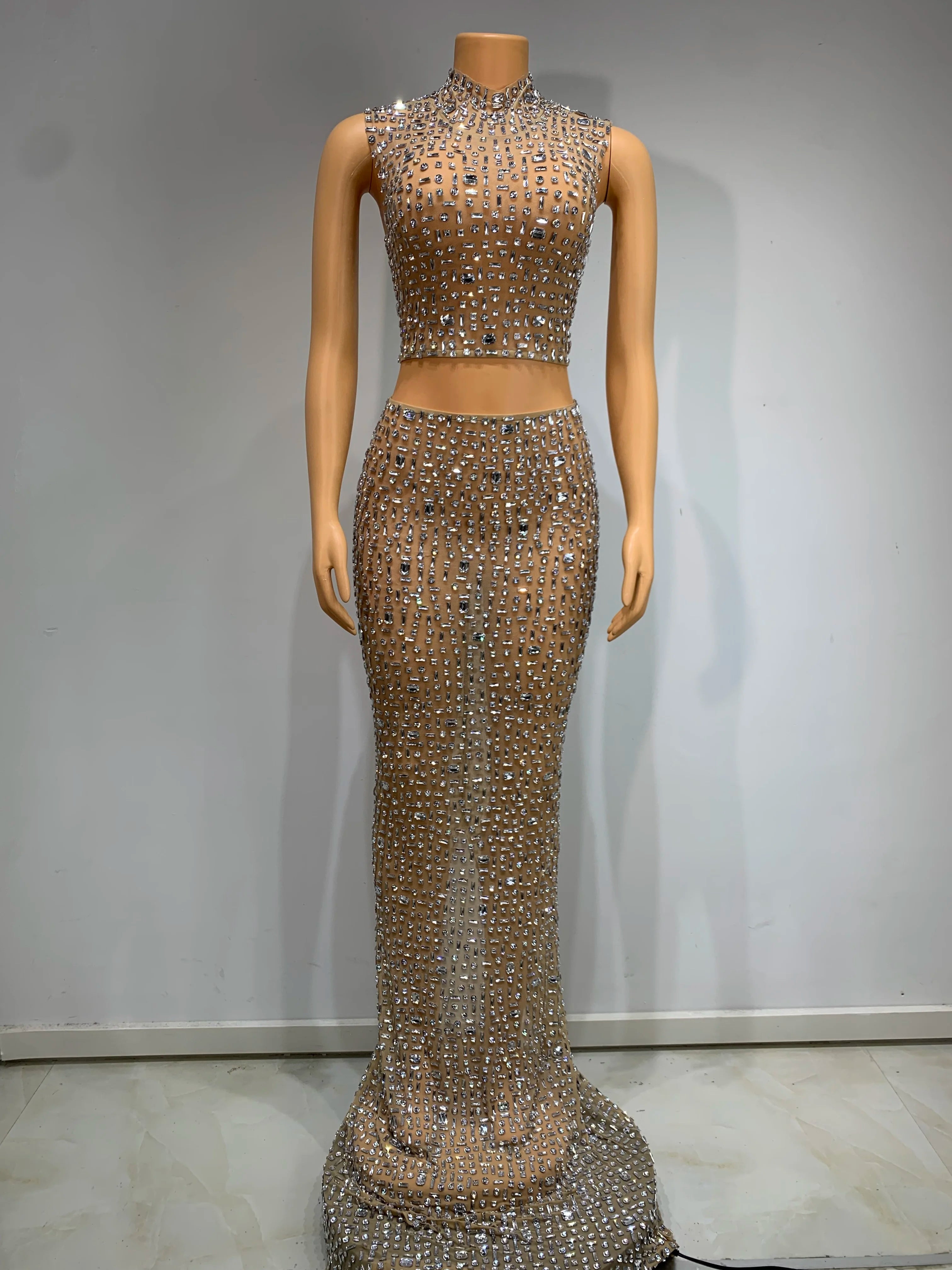 Long Sleeves Top Long Skirt Rhinestone Two Piece Set