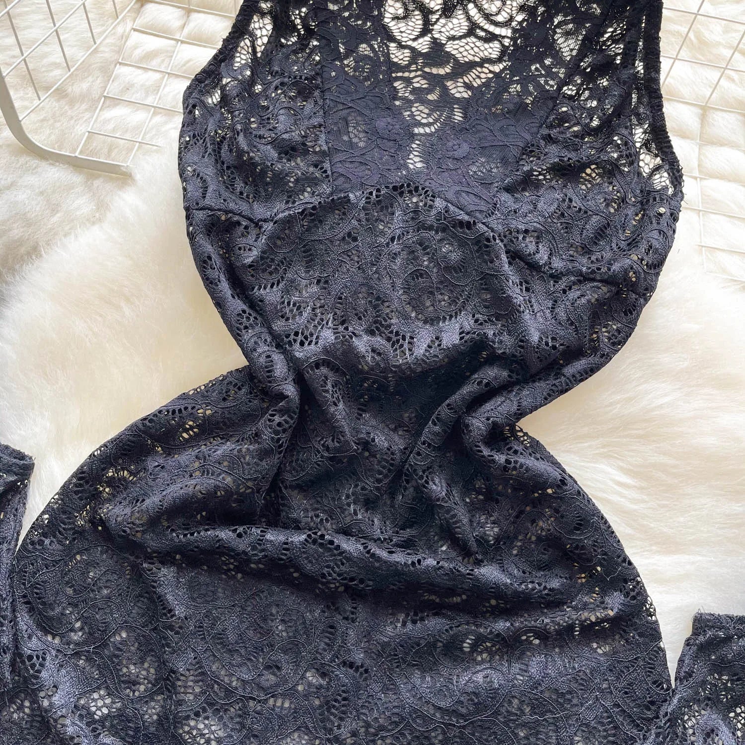 Hollow Out Lace Sleeveless Mesh Playsuit Bodysuit