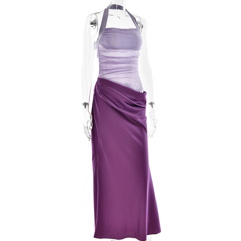 Patchwork Hollow Out Halter Maxi Dress