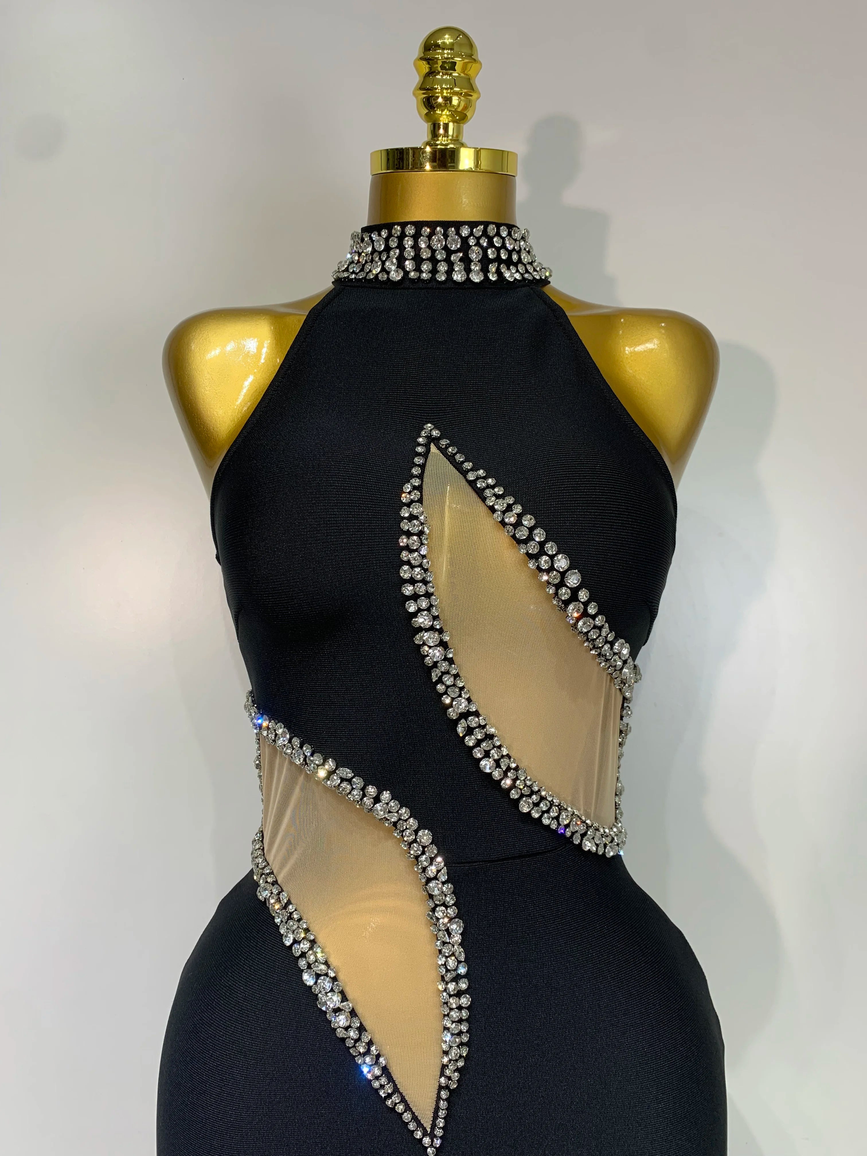 Rhinestone Black Sleeveless Mesh Patchwork Bodycon Bandage Elegant Dresses
