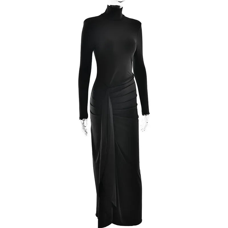 Turtleneck Thigh High Draped Bandage Bodycon Maxi Dress