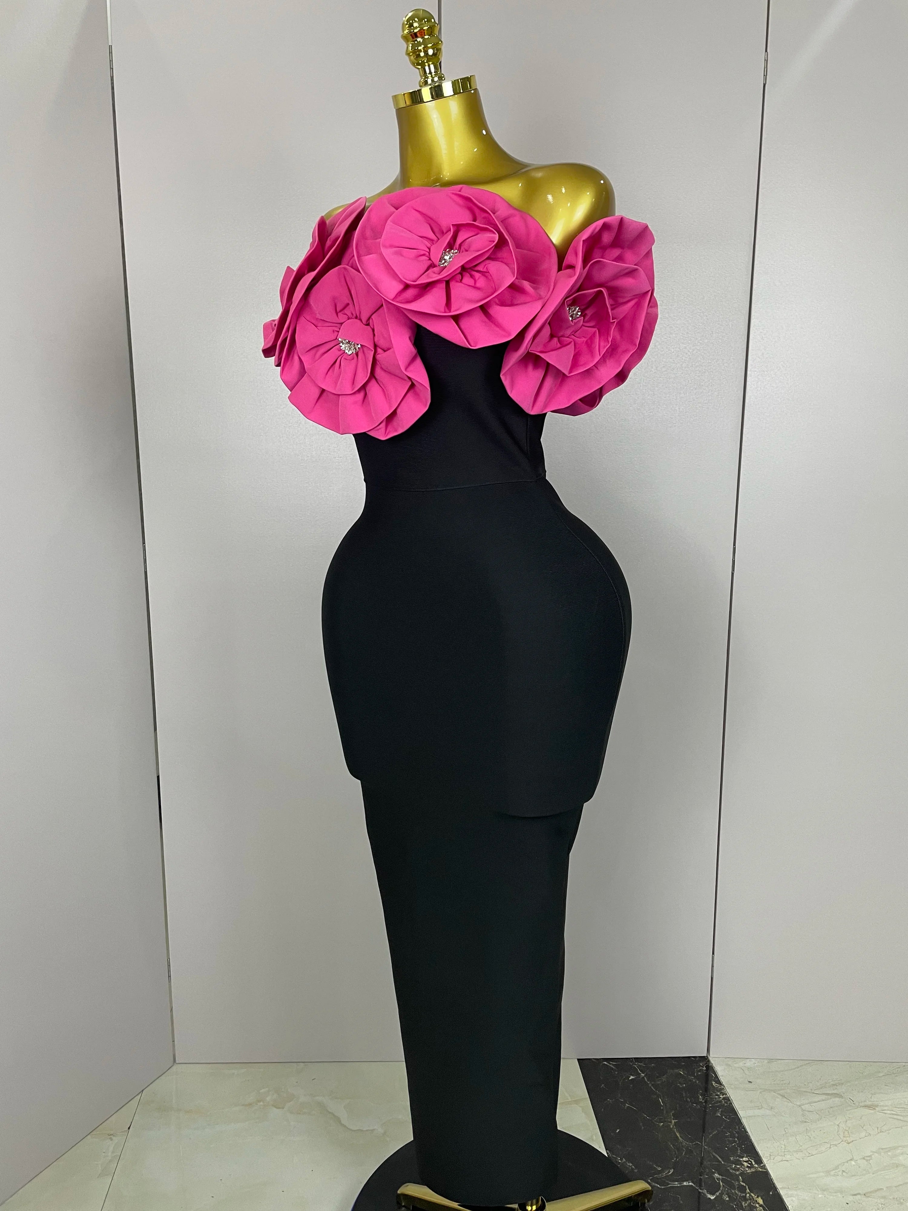 Stereoscopic Flowers Off The Shoulder Ankle Length Bandage Dress