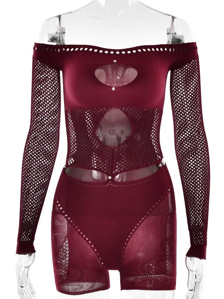 Hollow See Through Strapless Off Shoulder Full Sleeve One Piece Rompers