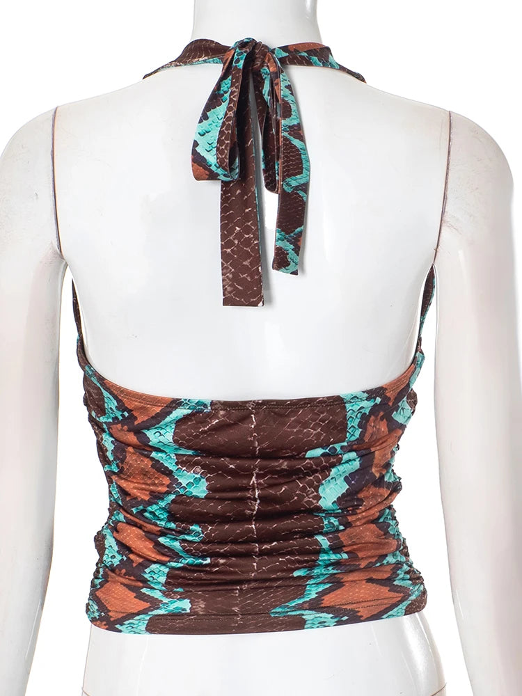 Lace-Up Halter Backless Y2K Print Tank Tops