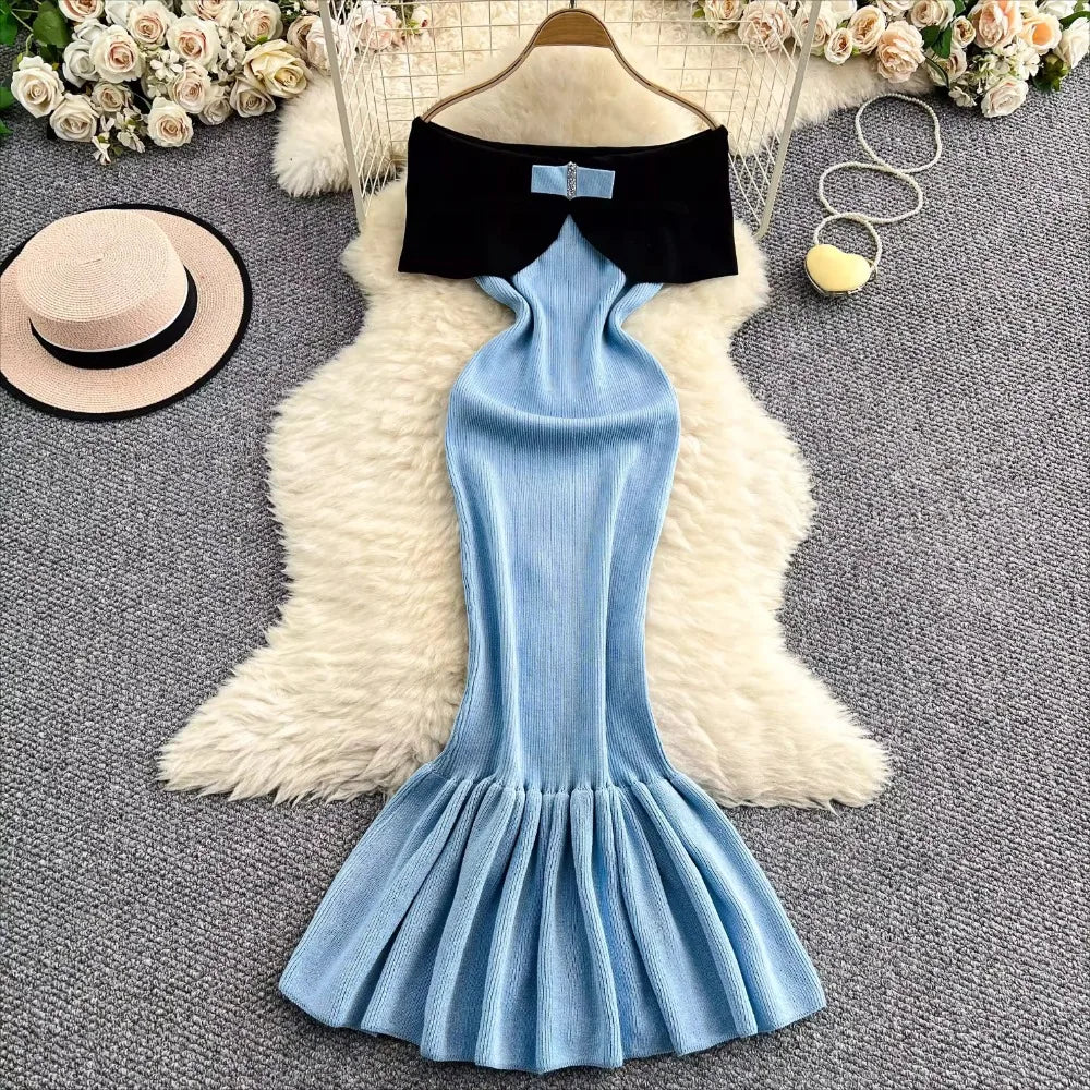 Elegant Slash Neck Mermaid Knit Bodycon Luxury Dresses