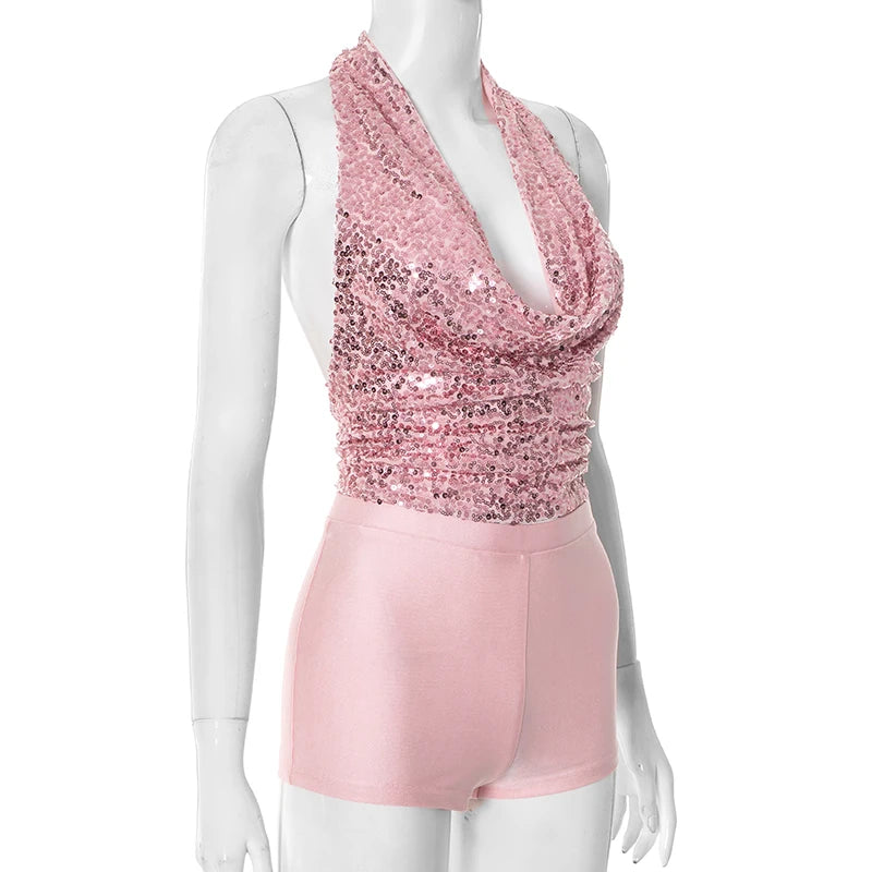 2 Piece Set Women Y2K Hipster Halter Bandage Swing Collar Tank Tops+Shorts Matching Set