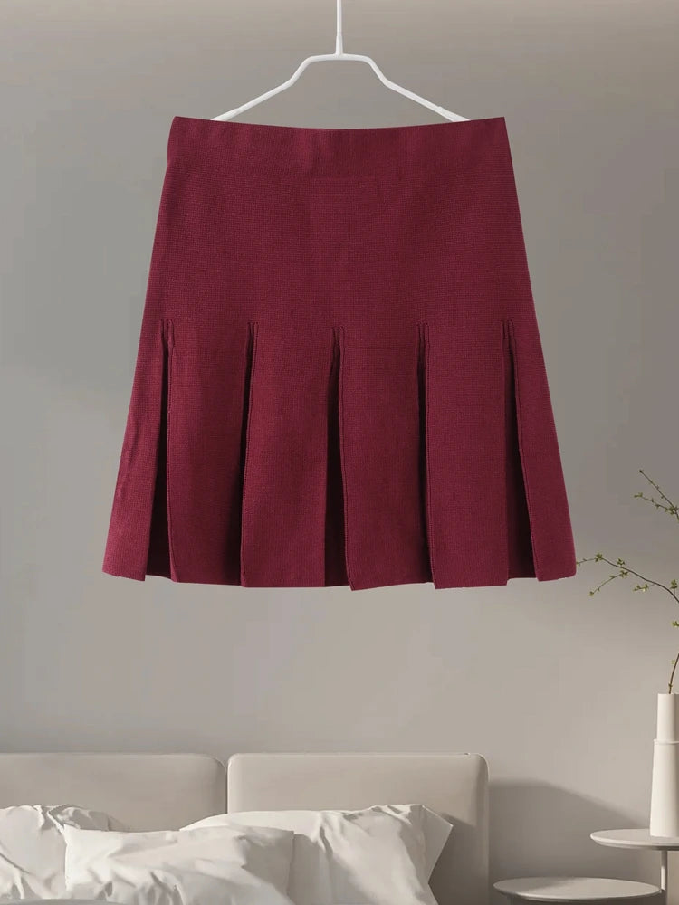 Knitted Two Pieces Single Breasted Lapel Cardigan Pleated A-line Mini Skirt Set