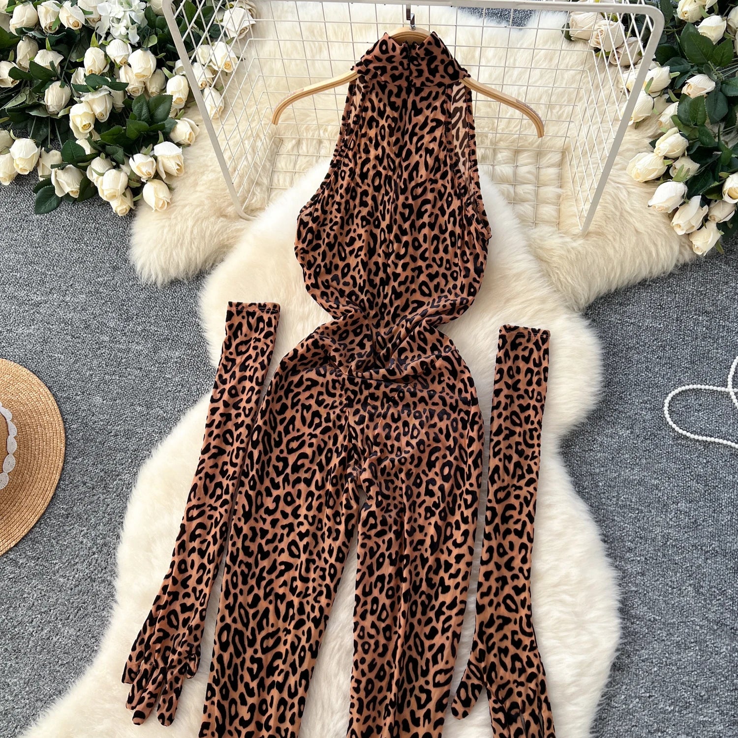 Leopard Print Stand Collar Long Gloves Long Playsuits Jumpsuit