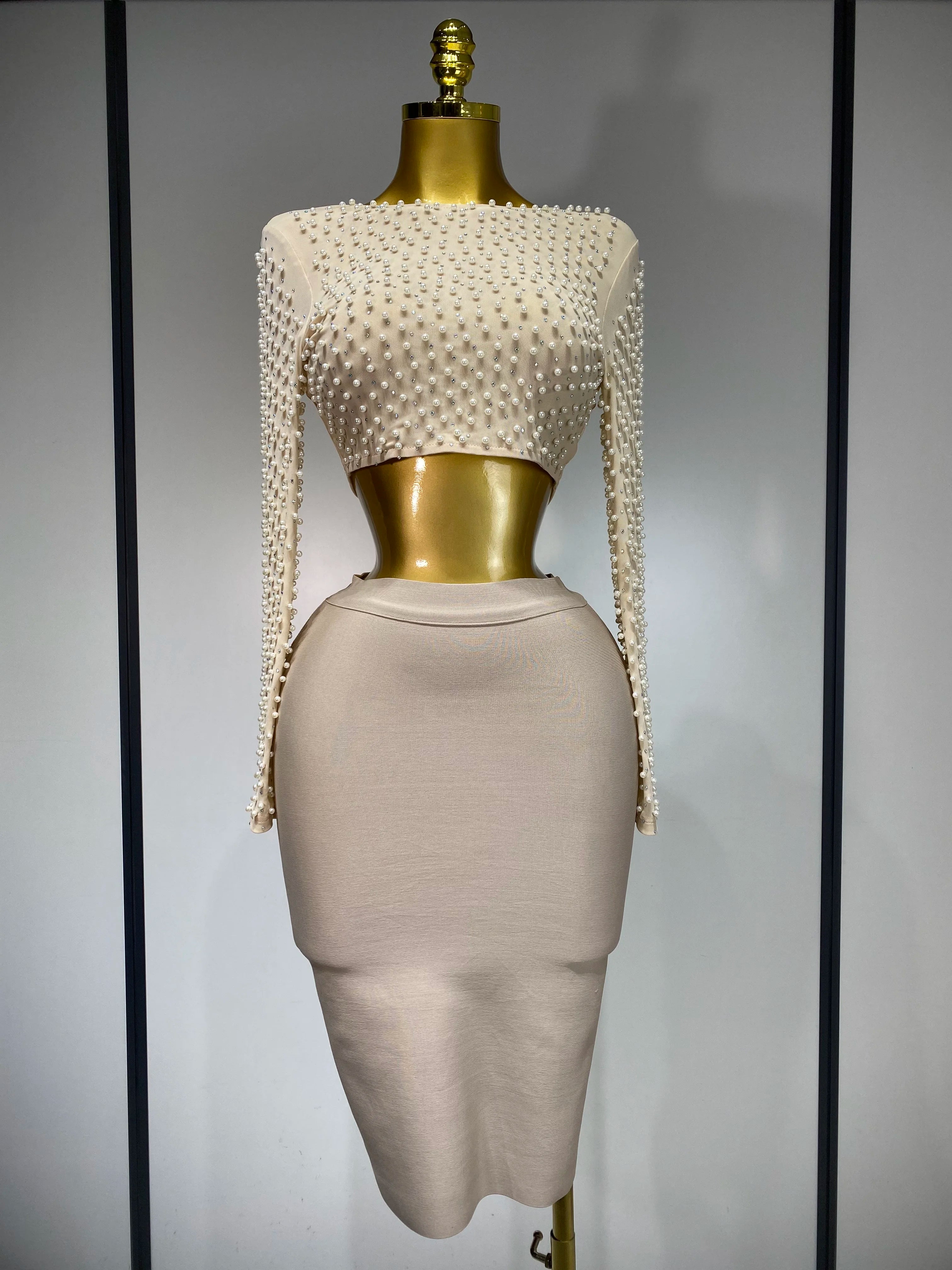 Long Sleeve Mesh Pearl Top  Midi Skirt Bandage Two Set