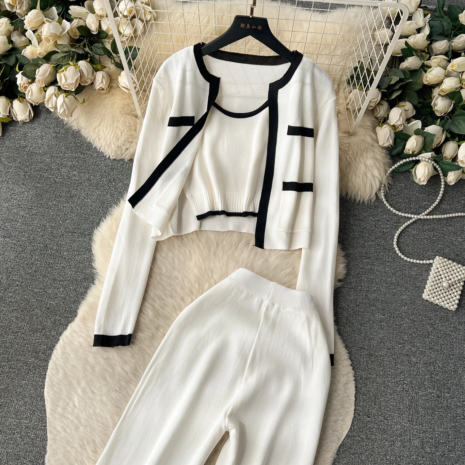 Three Pieces Sets Tank Top+Long Sleeves Short Cardigan+Elastic Long Pants Set