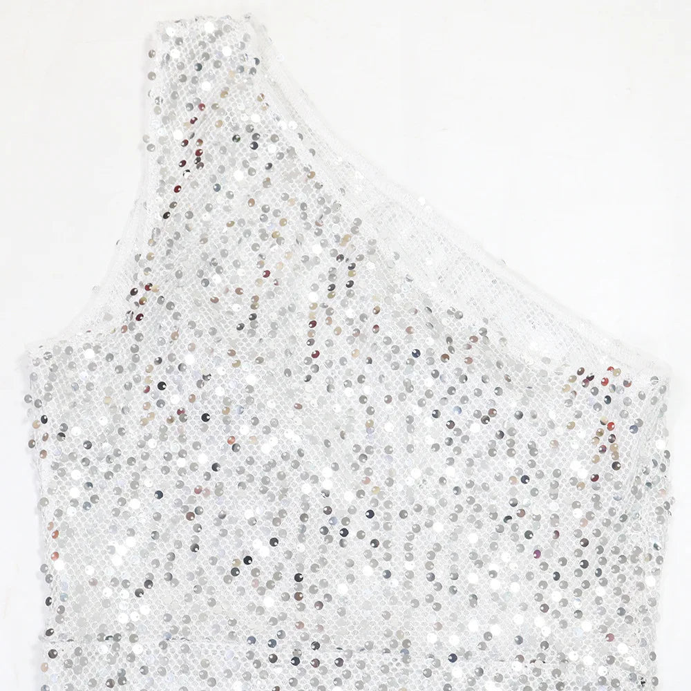 Sequined Sleeveless Cut Out One Shoulder High Split Midi Long Maxi Dress