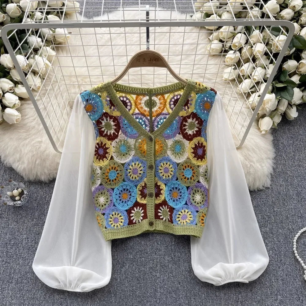 Knitting Crochet  Hollow Out Long Lantern Sleeve Blouse
