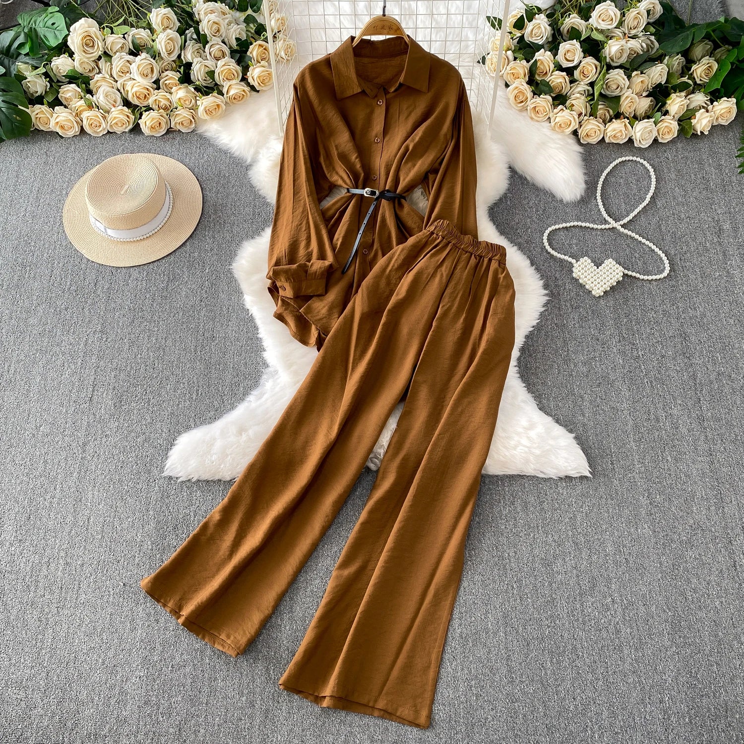 Casual shirt And Wide Leg Pants Two Piece Set