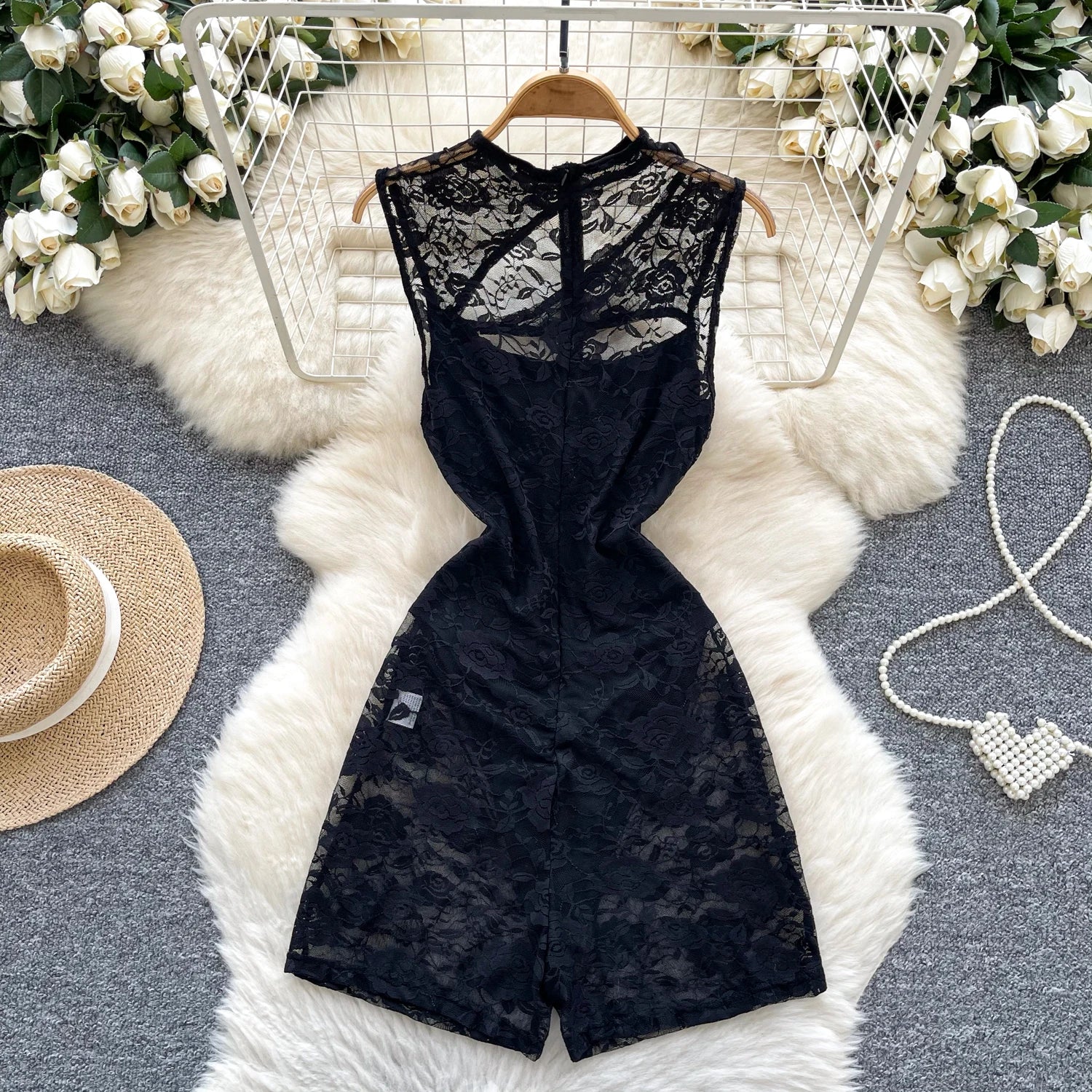 Sleeveless Sheer Hollow Out Bodycon Rompers Lace Playsuits