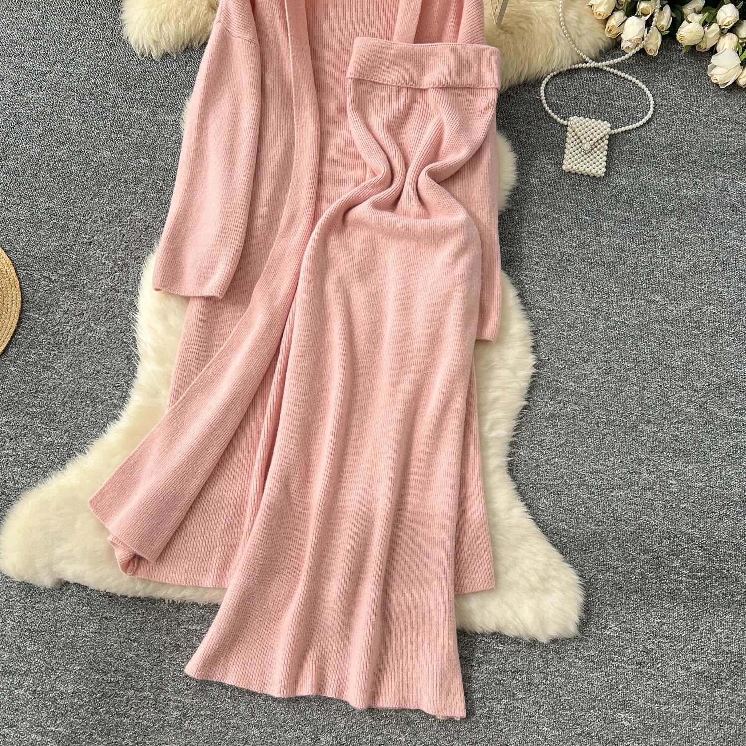 Long Sleeves Oversize Cardigan+Strapless Bodycon Dress Solid Knit 2pcs Sets