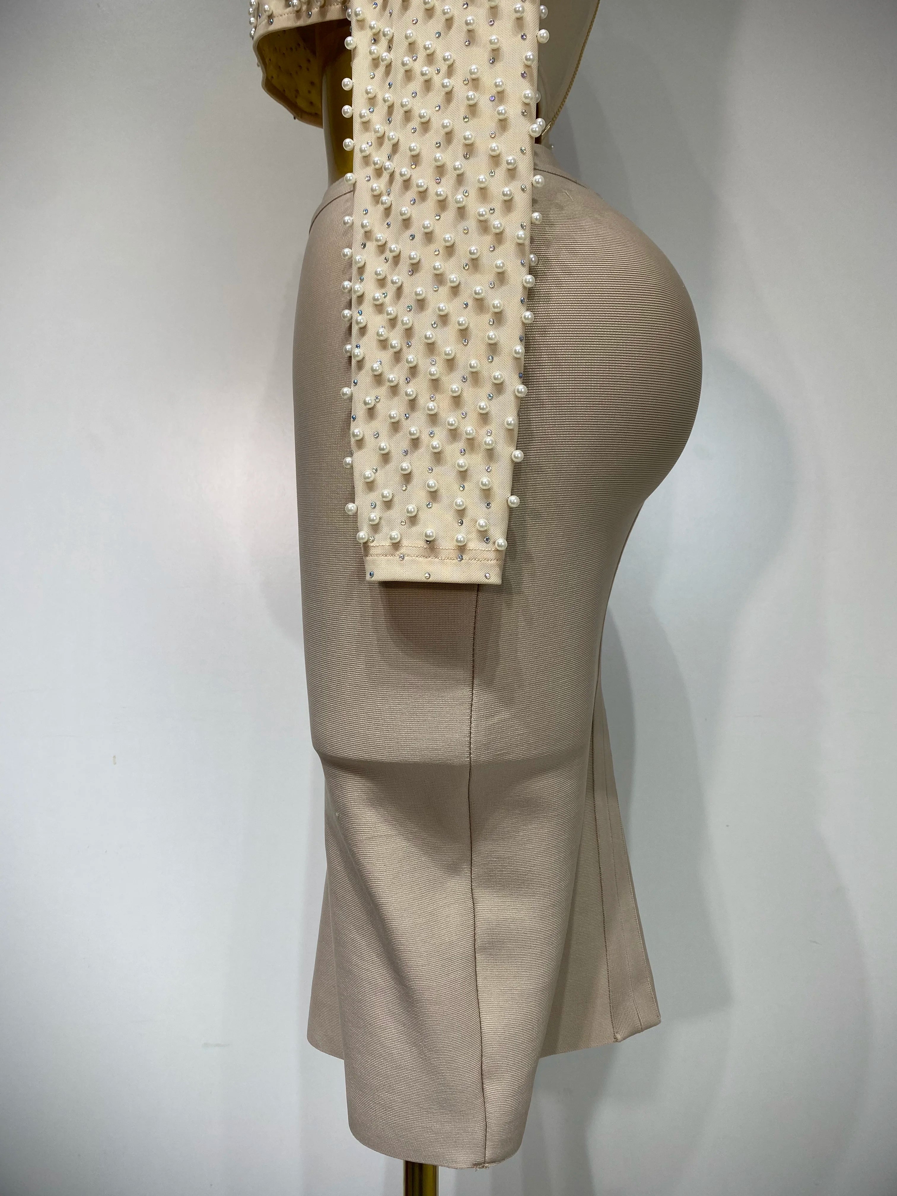 Long Sleeve Mesh Pearl Top  Midi Skirt Bandage Two Set