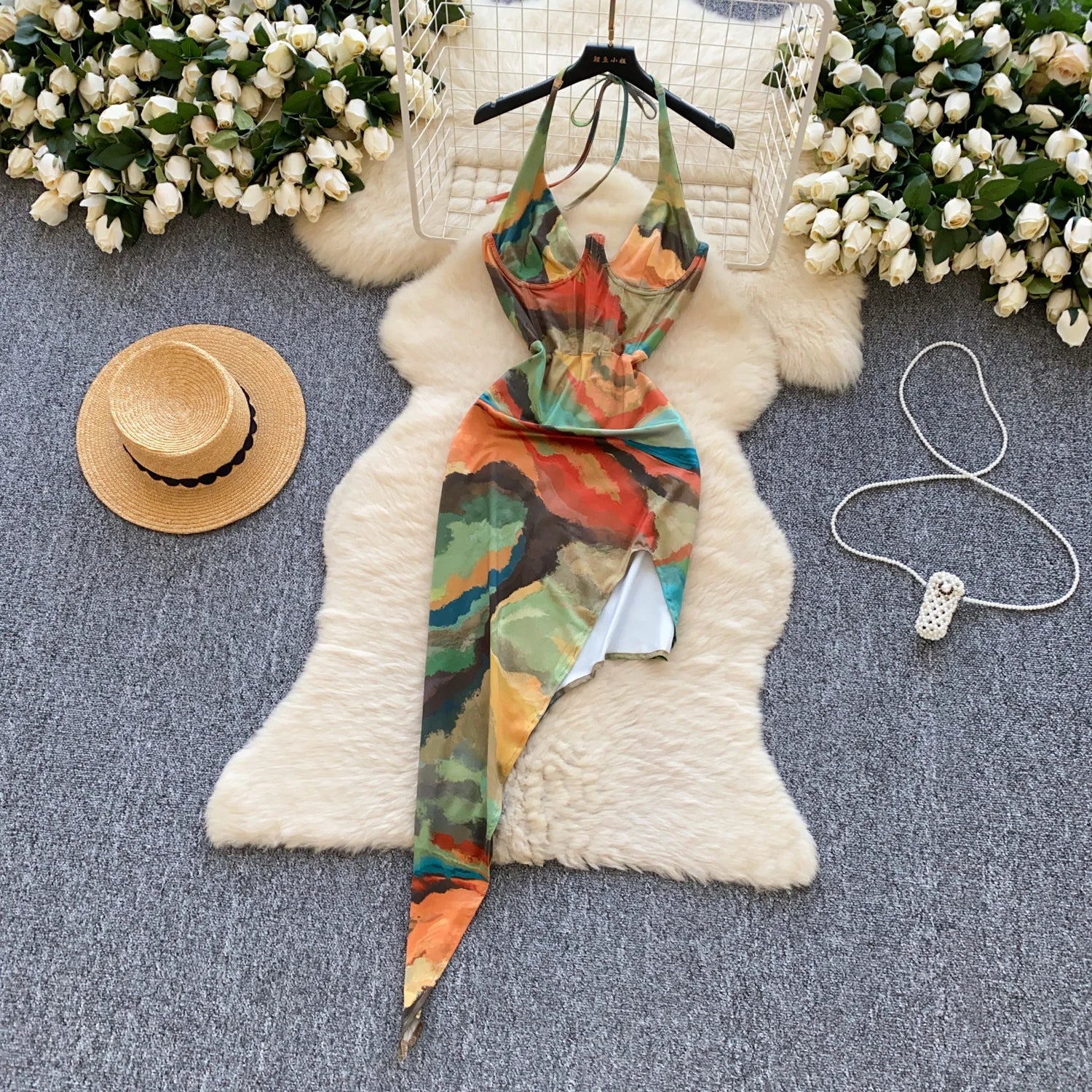 Irregular Sleeveless V Neck Slim Halter Split Bodycon Dress