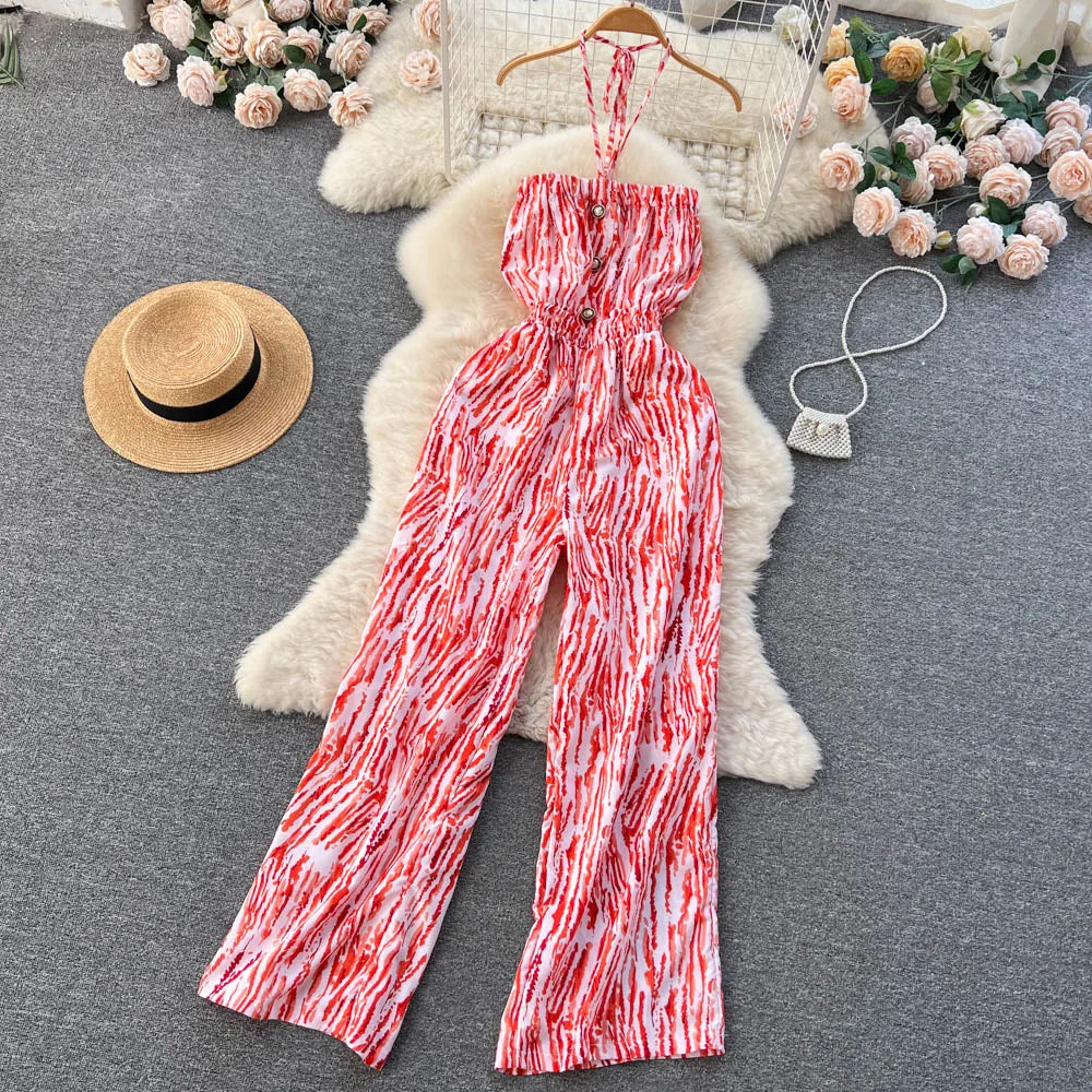 Halter Strapless Backless Loose Wide Legs Pants Beach Style Striped Jumpsuits