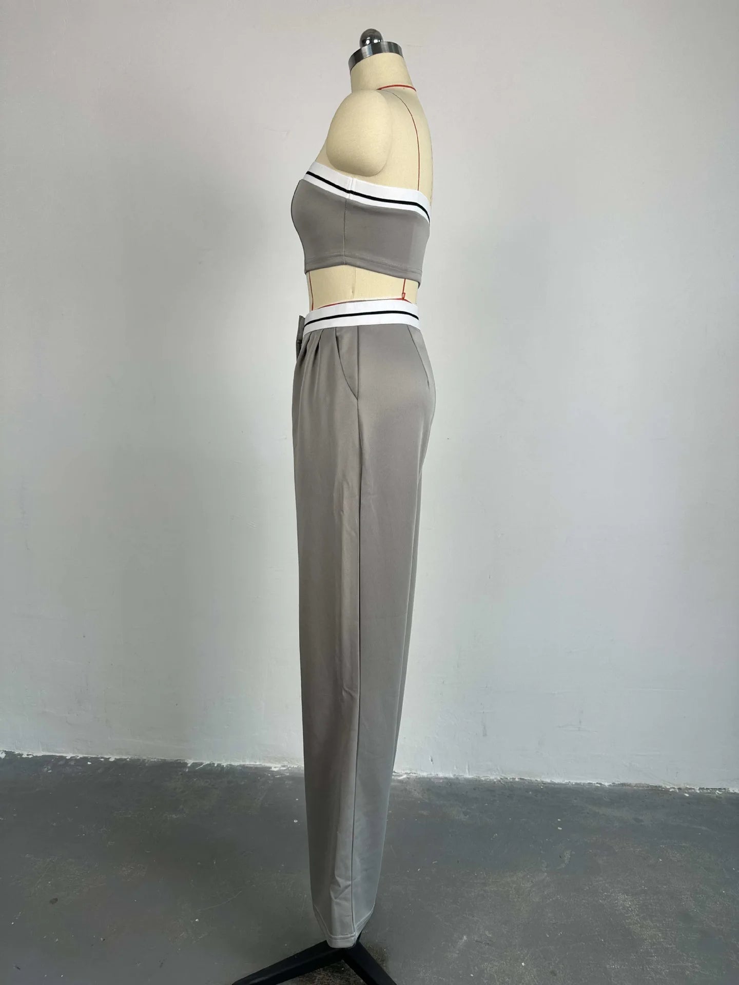 Sports Tube Top+High Waist Wide Leg 2 Piece Pant Suit