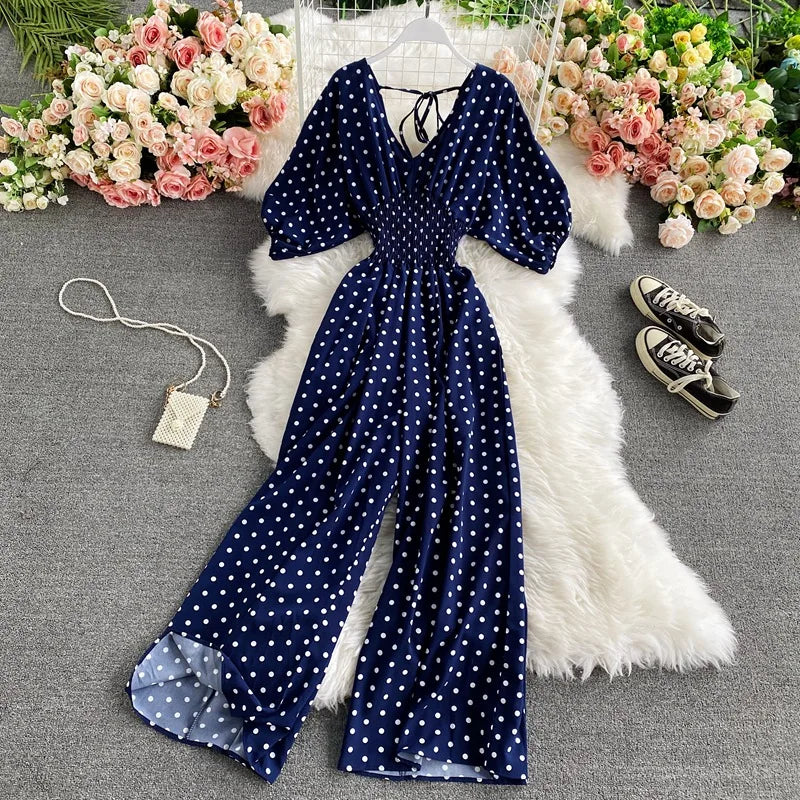 V Neck Dolman Sleeves Floral Print Wide Leg Jumpsuit