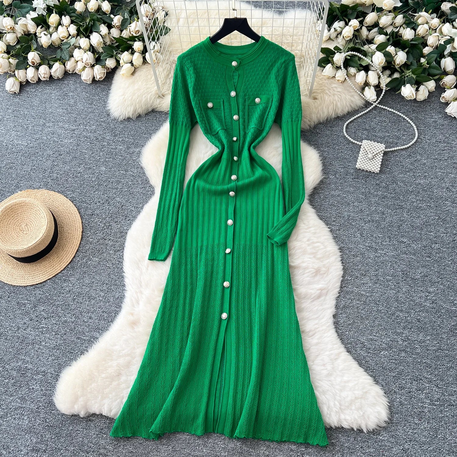 High-Waisted Knitted Long Autumn Hollow out Dress