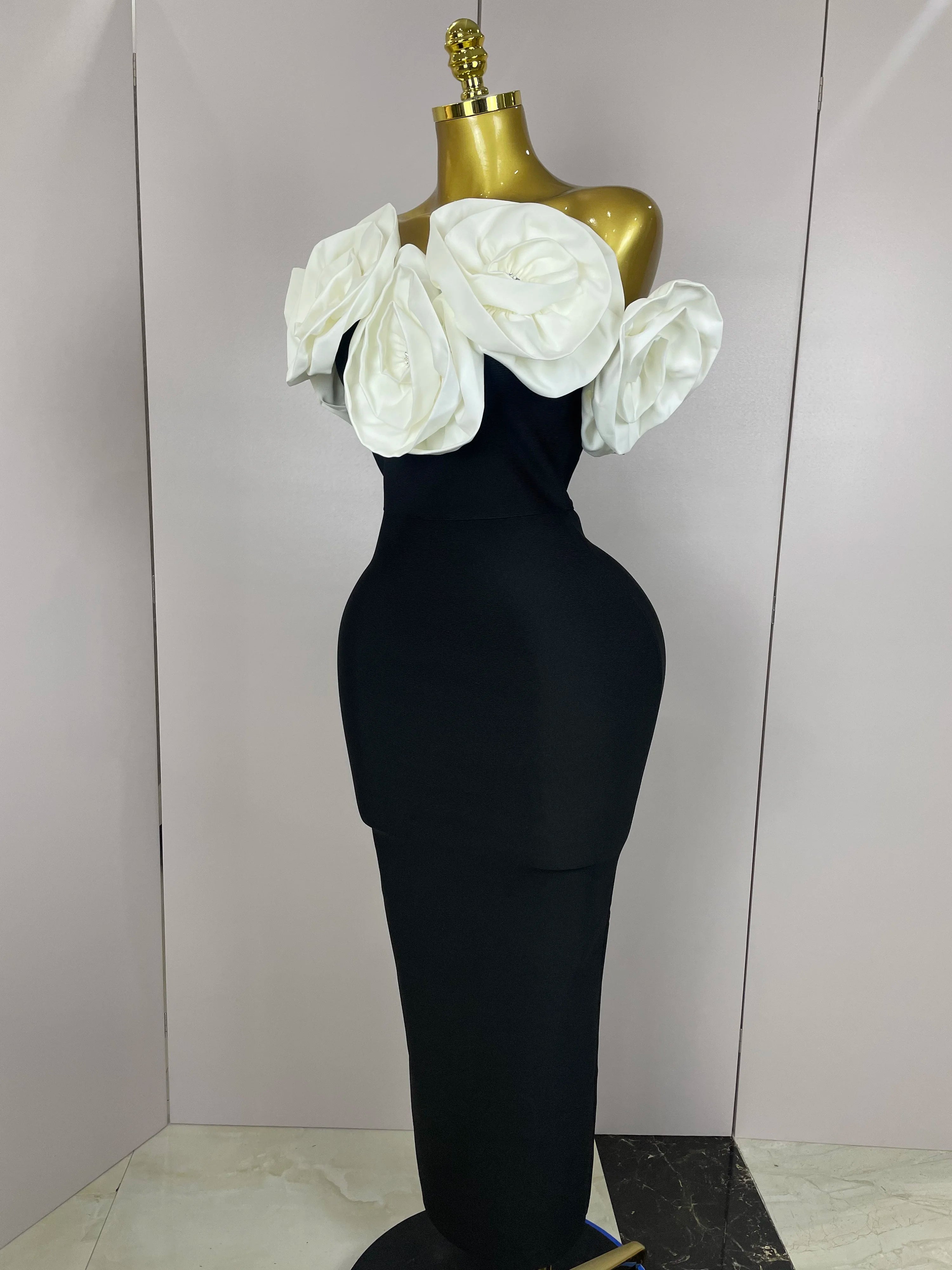 Stereoscopic Flowers Off The Shoulder Ankle Length Bandage Dress