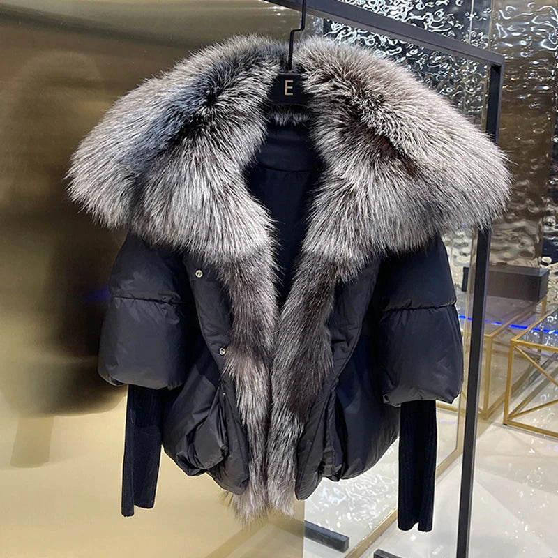 Puffer Duck Down Coat Real Silver Fox Fur Collar Parkas