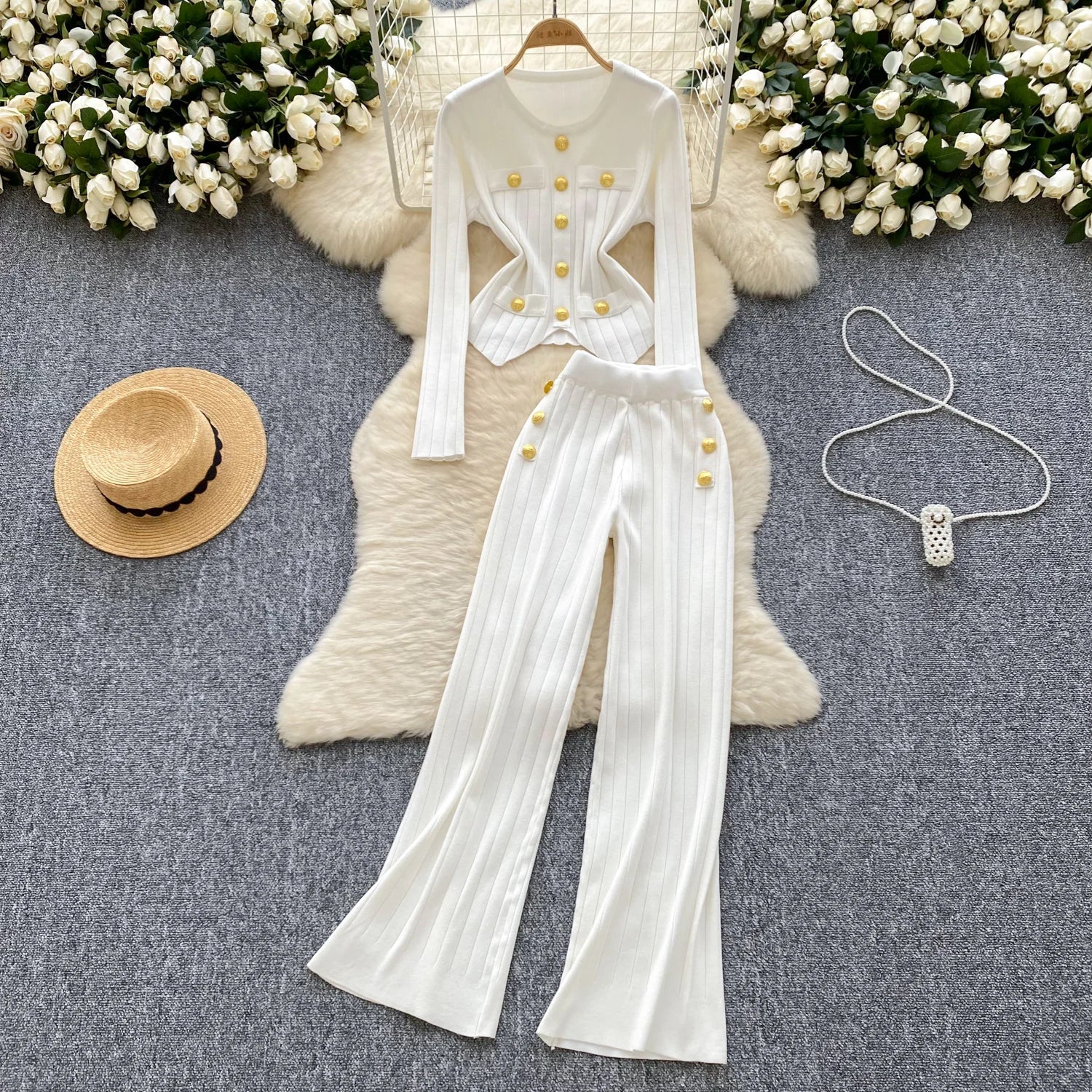 Long Sleeves Chic Buttons Pullovers+Elastic Long Pants Vintage Two Pieces Sets
