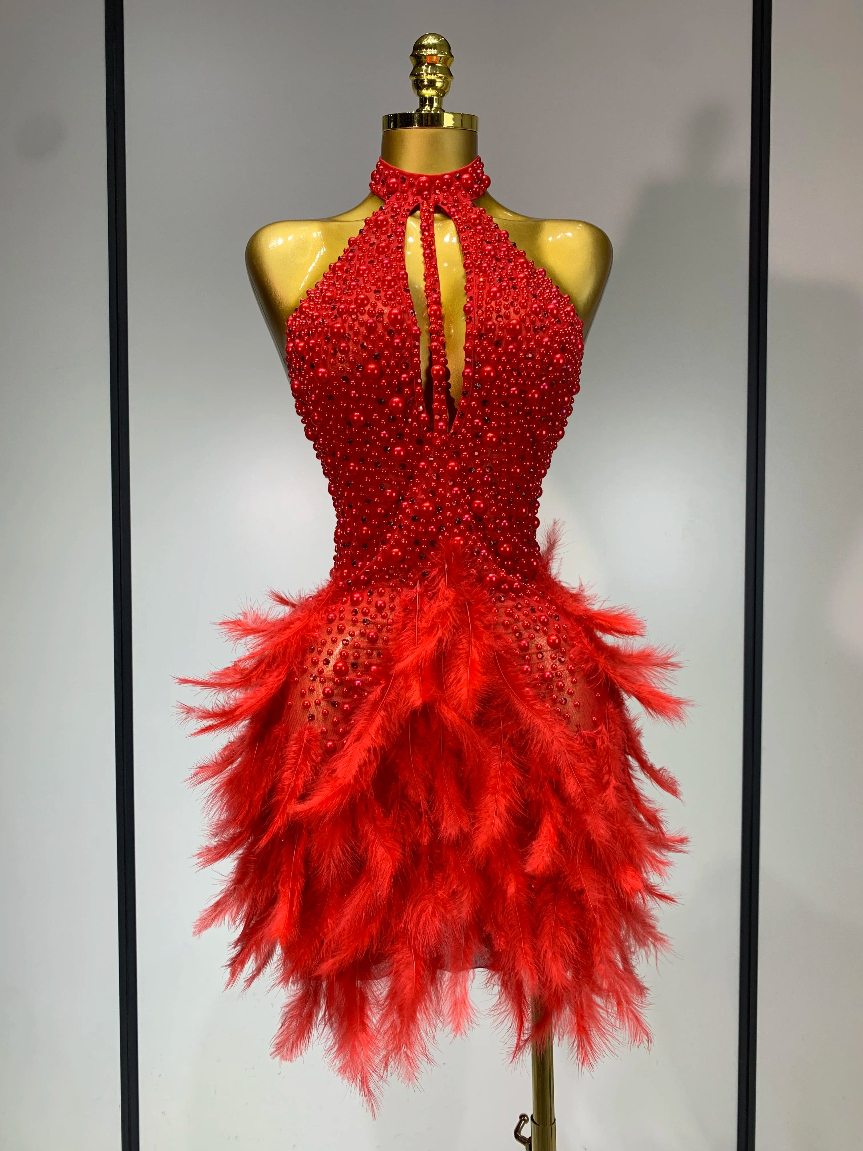 Luxury Rhinestones Pearls Halter Backless Short Feathers Dress