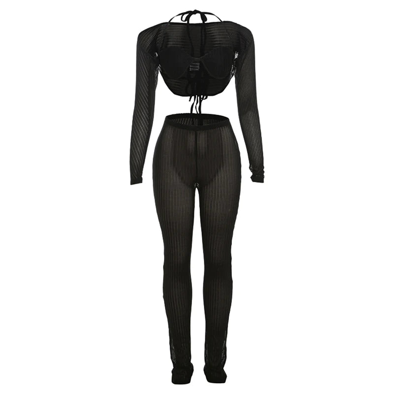 Three Piece Set Mesh Crop Tops+Bandage Bra+Leggings Tight Matching Outfits