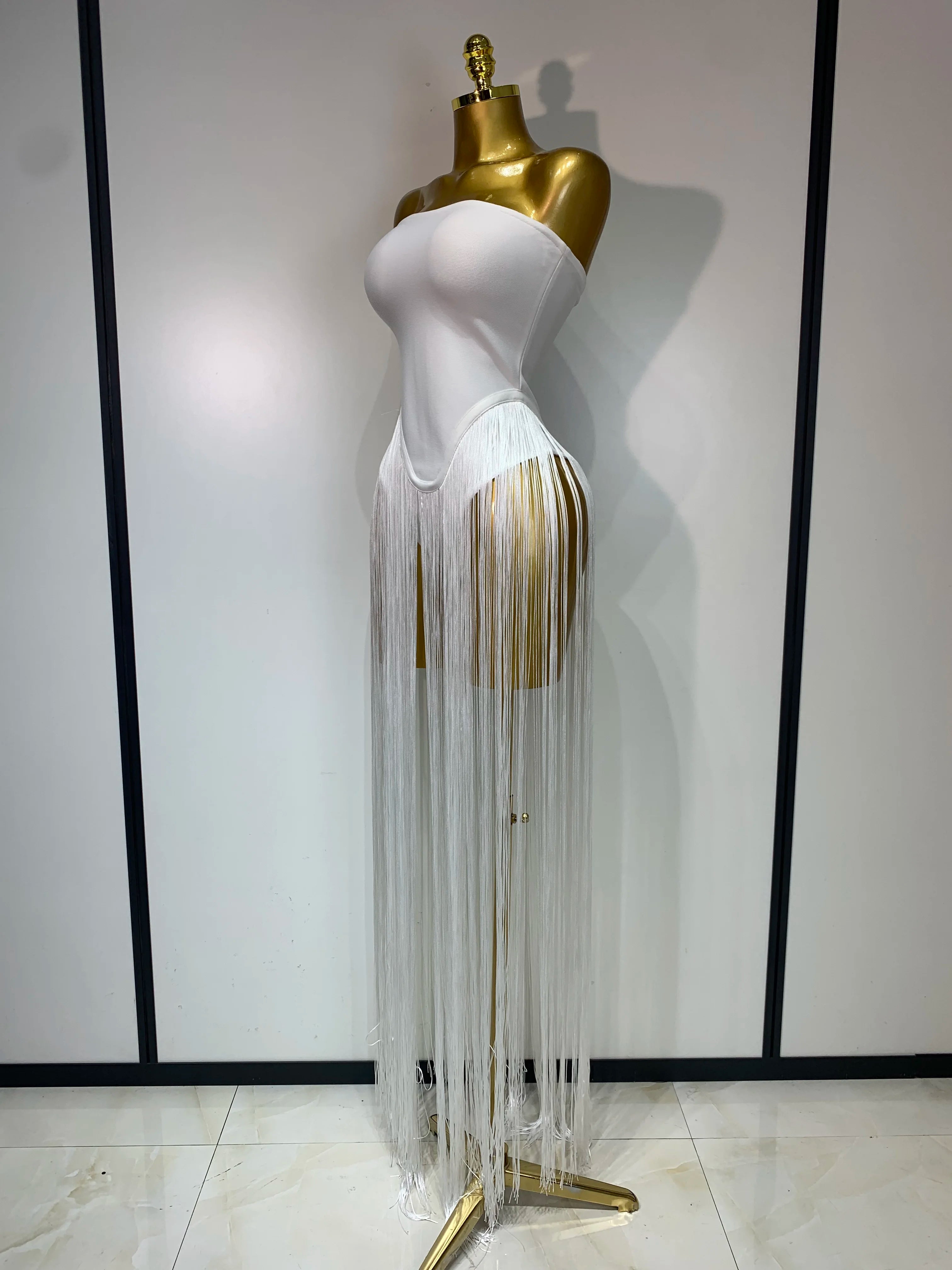 Luxury Long Tassel Patchwork Strapless Bandage Bodysuit Dress