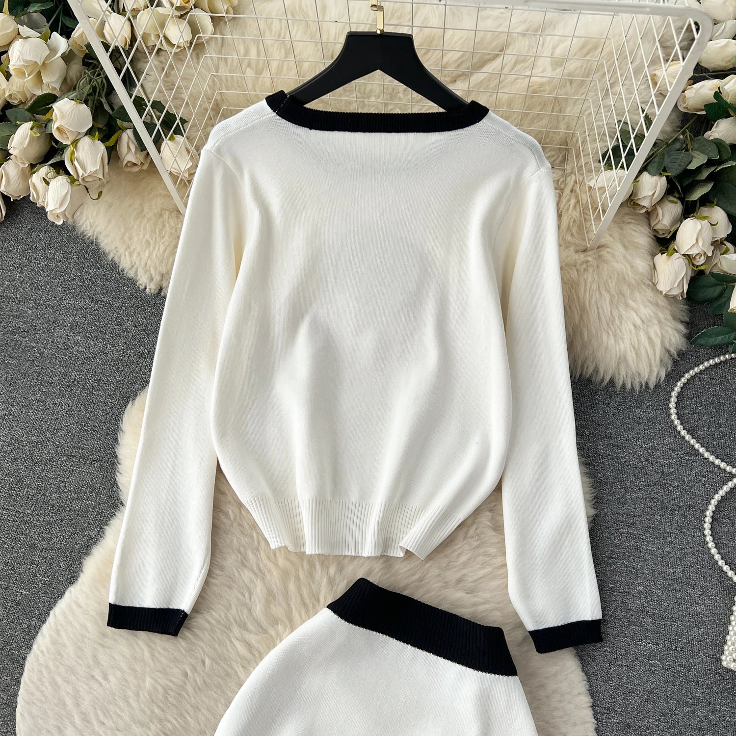 Long Sleeve Pullover Elastic Waist Long Skirt Sweater Suit