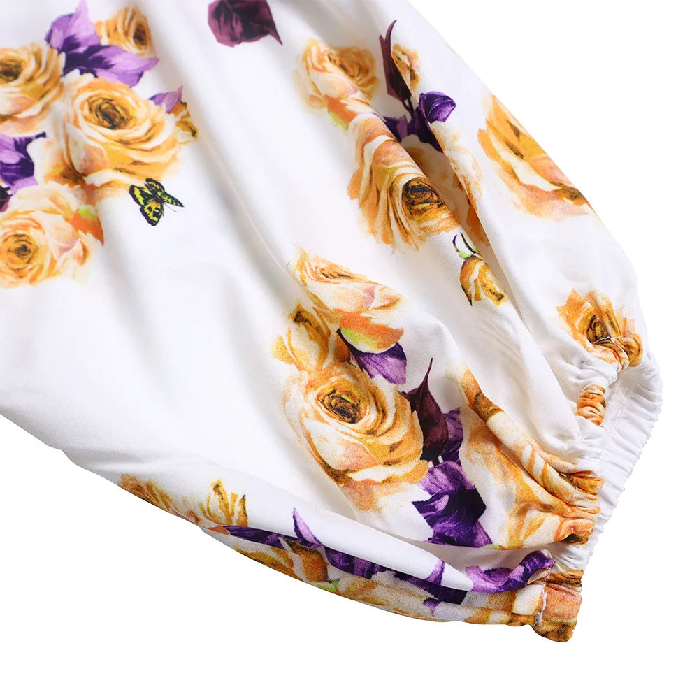 Two Piece Sets Slim Fit Print Floral Round Neck Lantern Sleeve Elegant Splice Wide Leg Long Pants